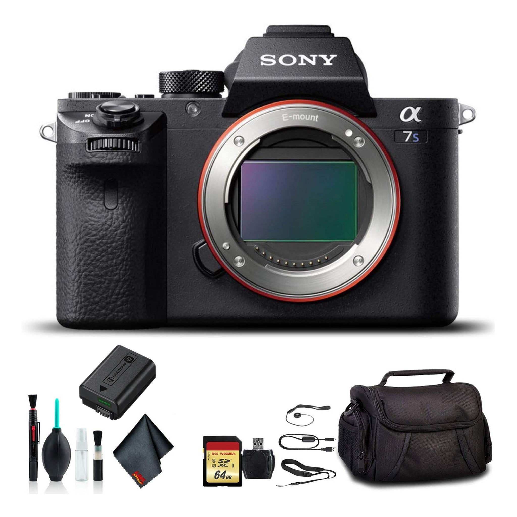 Sony Alpha a7S II Mirrorless Camera ILCE7SM2/B With Soft Bag, 64GB Memory Card, Card Reader , Plus Essential Accessories