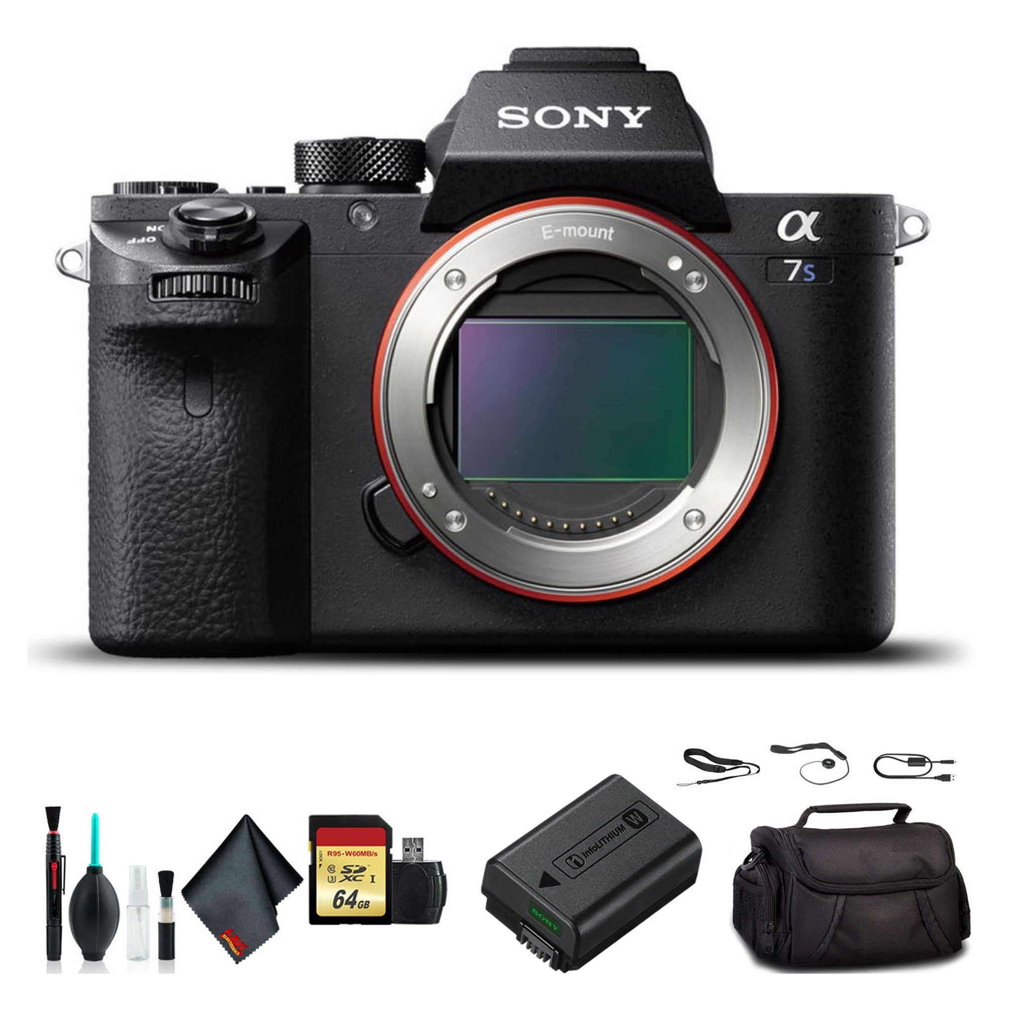 Sony Alpha a7S II Mirrorless Camera ILCE7SM2/B With Soft Bag, Additional Battery, 64GB Memory Card, Card Reader , Plus Essential Accessories