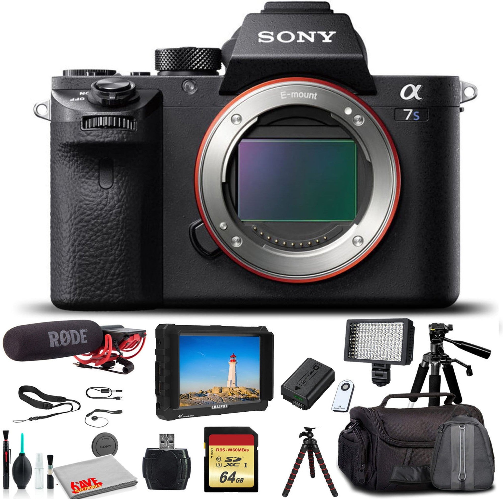Sony Alpha a7S II Mirrorless Camera ILCE7SM2/B With Soft Bag, Tripod, Additional Battery, Rode Mic, LED Light, 64GB Memory Card, Sling Soft Bag, Card Reader , Plus Essential Accessories