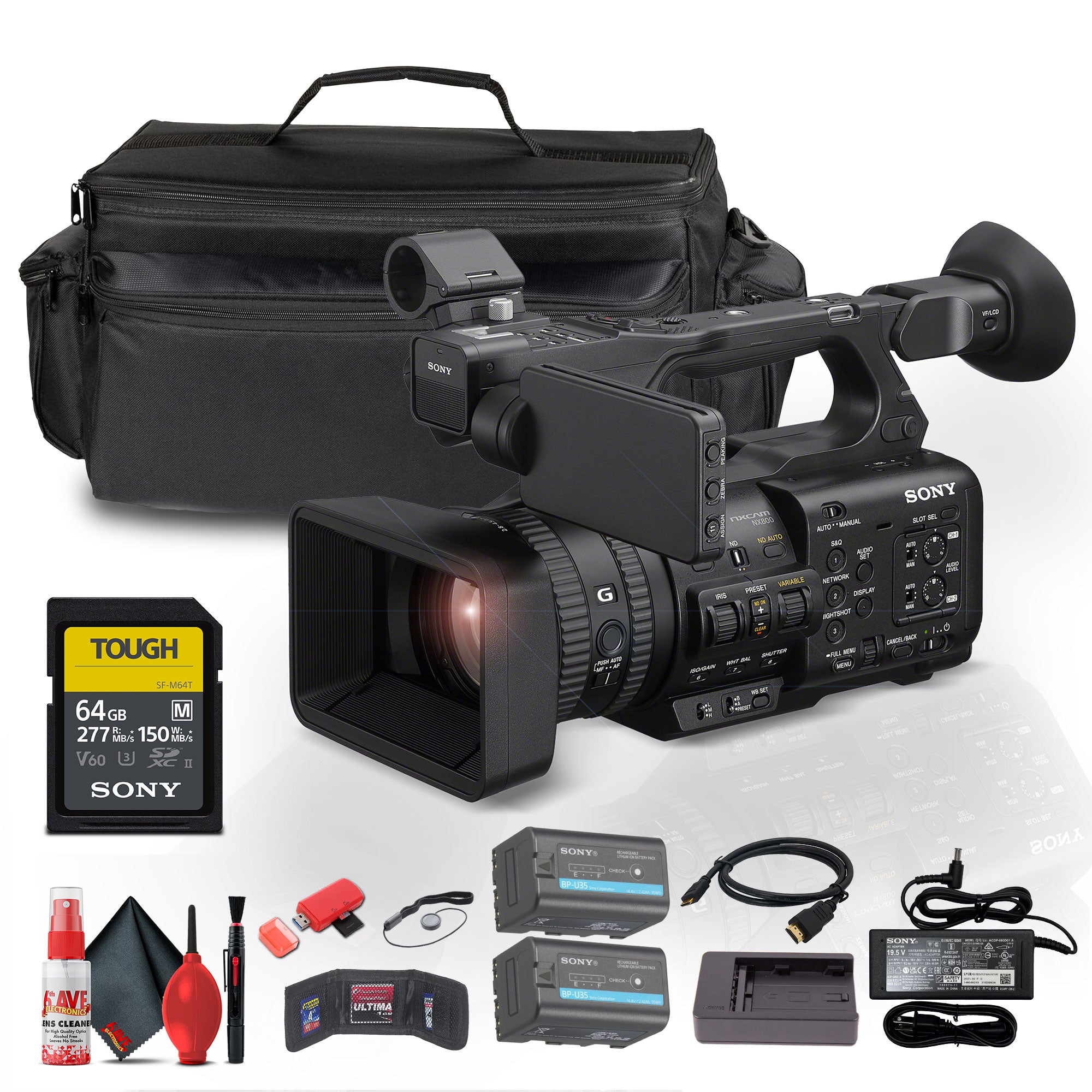 Sony HXR-NX800  NXCAM Camcorder + BP-U35 Battery + 64GB Card + Case + More