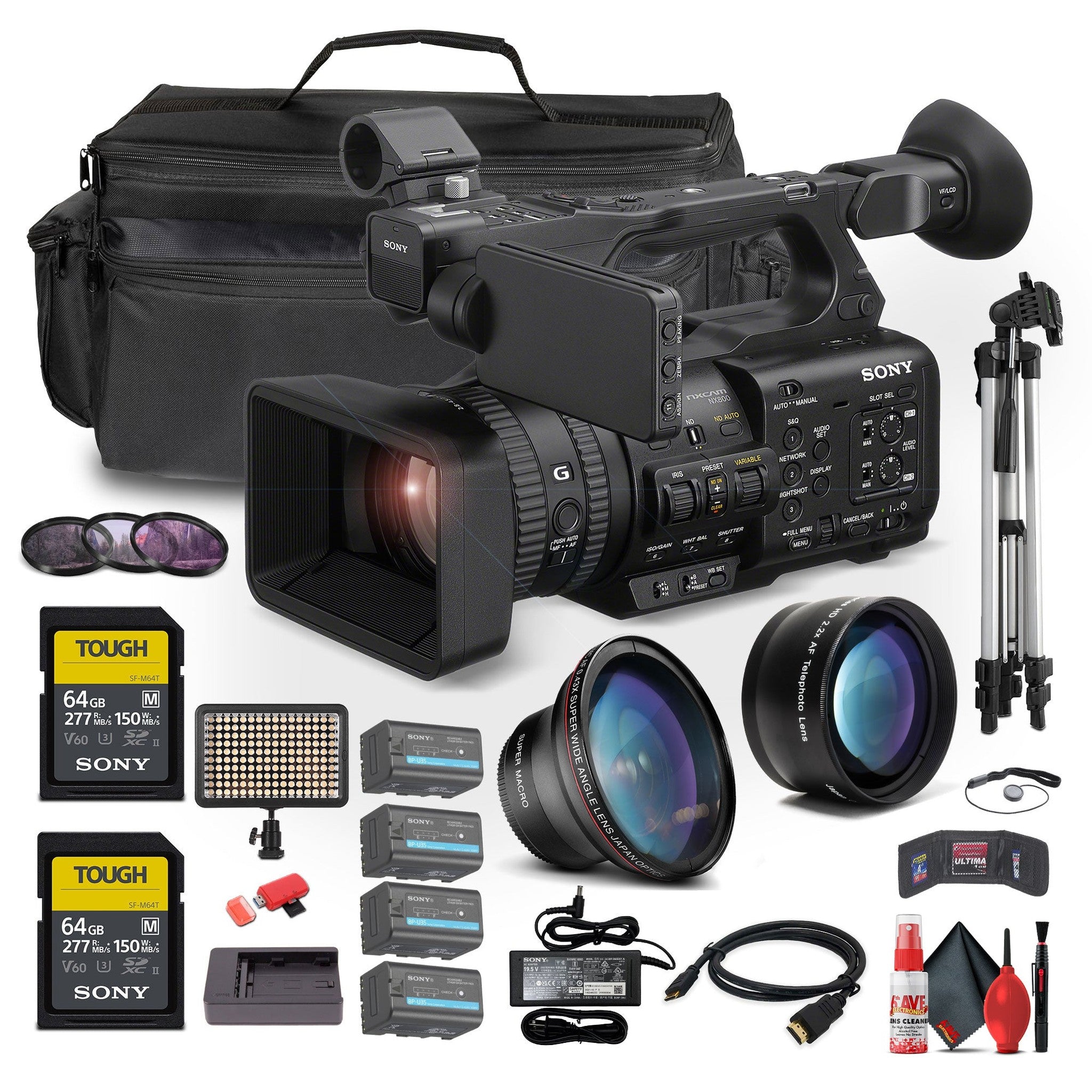 Sony HXR-NX800 NXCAM Camcorderb + 3 x BP-U35 Battery + 2 x 64GB Cards + More Sony