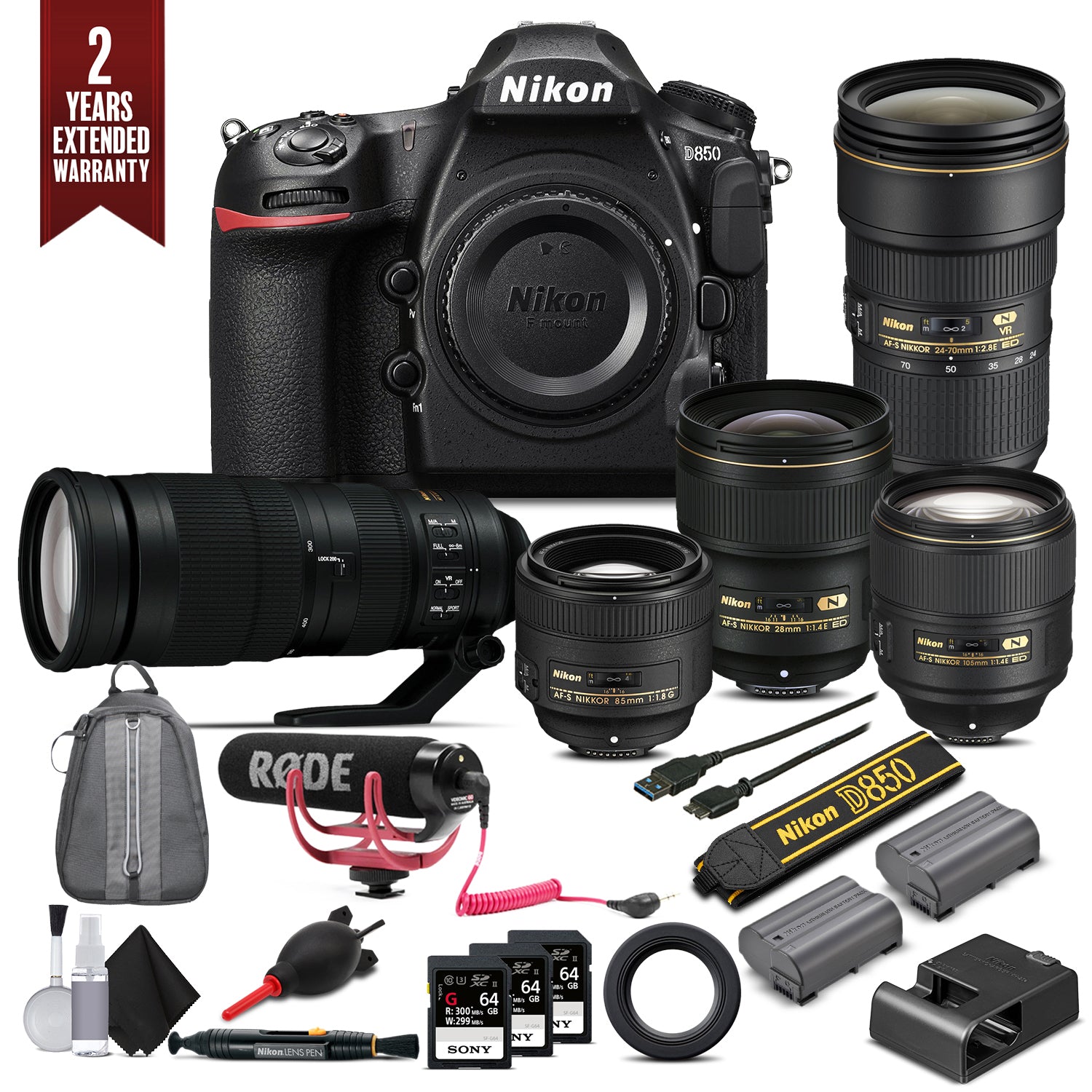 Nikon D850 Digital SLR Camera Master Lens Set. + Mic, 3x 64GB Memory Cards, Extended Warranty, and Much More (Intl Model)