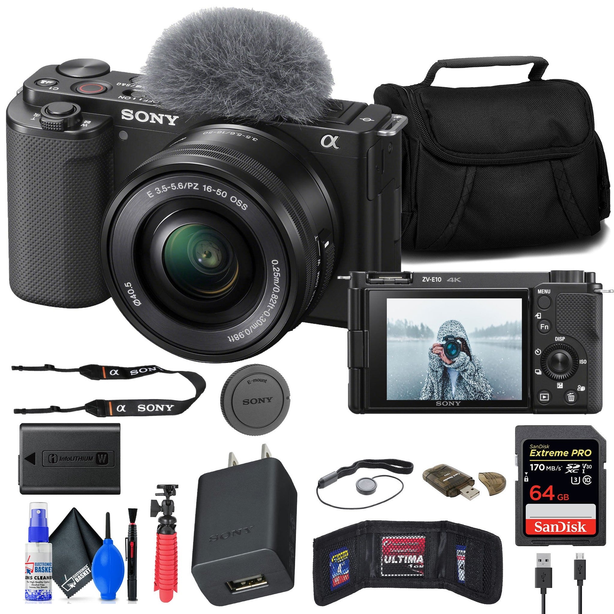 Sony ZV-E10 Mirrorless Camera w/ 16-50mm Lens Black + 64GB Card + Flex Tripod Sony
