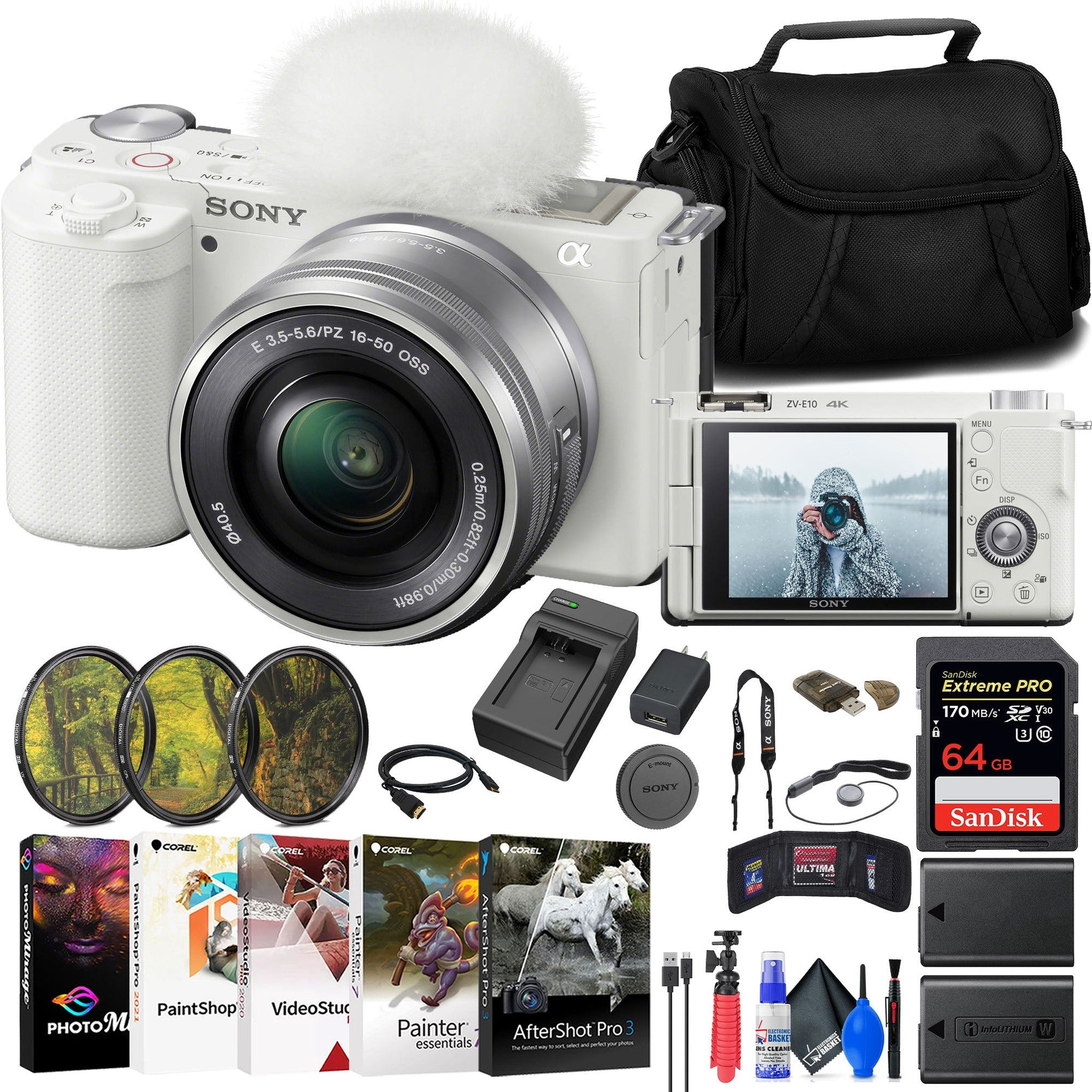 Sony ZV-E10 Mirrorless Camera w/ 16-50mm Lens White + Extra Battery + Software Sony