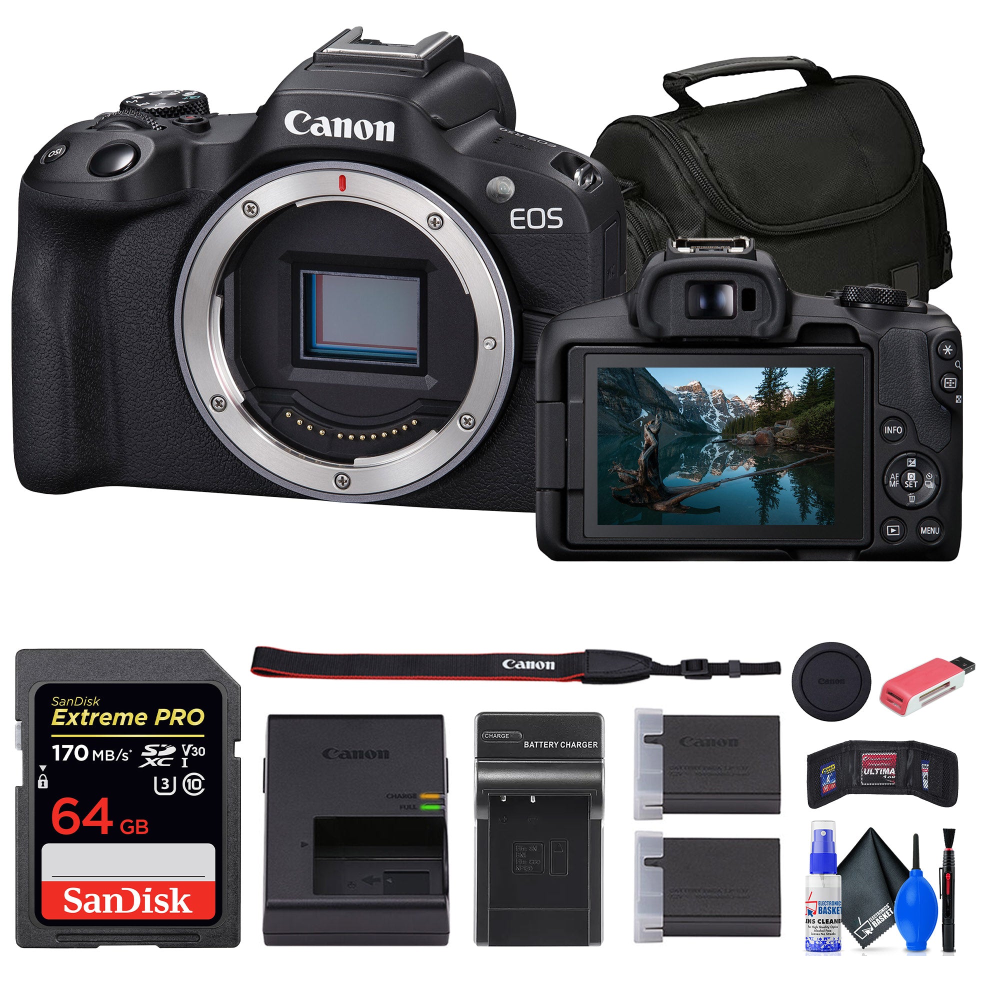Canon EOS R50 Mirrorless Camera + 64GB Card + Bag + Charger + Battery + More