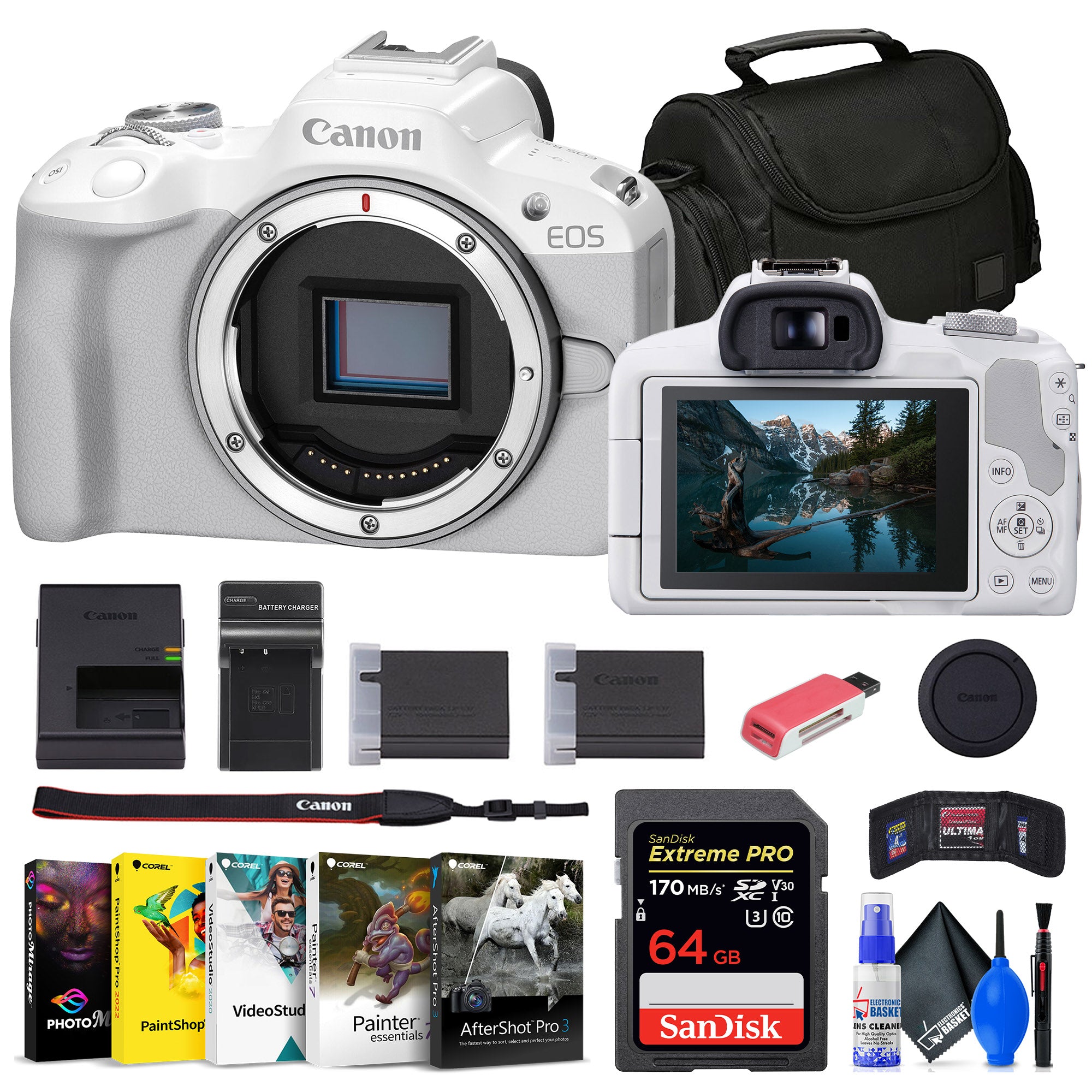 Canon EOS R50 Mirrorless Camera White + 64GB Card + Bag + Charger + Battery + More