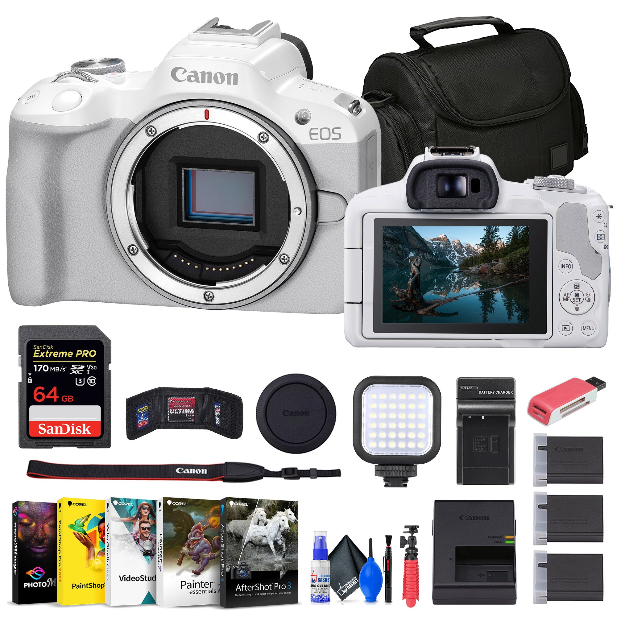 Canon EOS R50 Mirrorless Camera White + 64GB Card + Bag + Charger + Battery + More