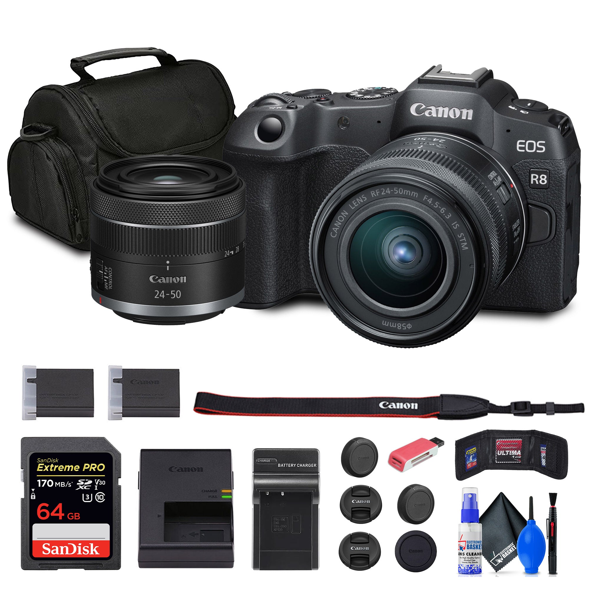 Canon EOS R8 Mirrorless Camera with RF 24-50mm Lens + 64GB Card + Bag + Charger + Battery + More