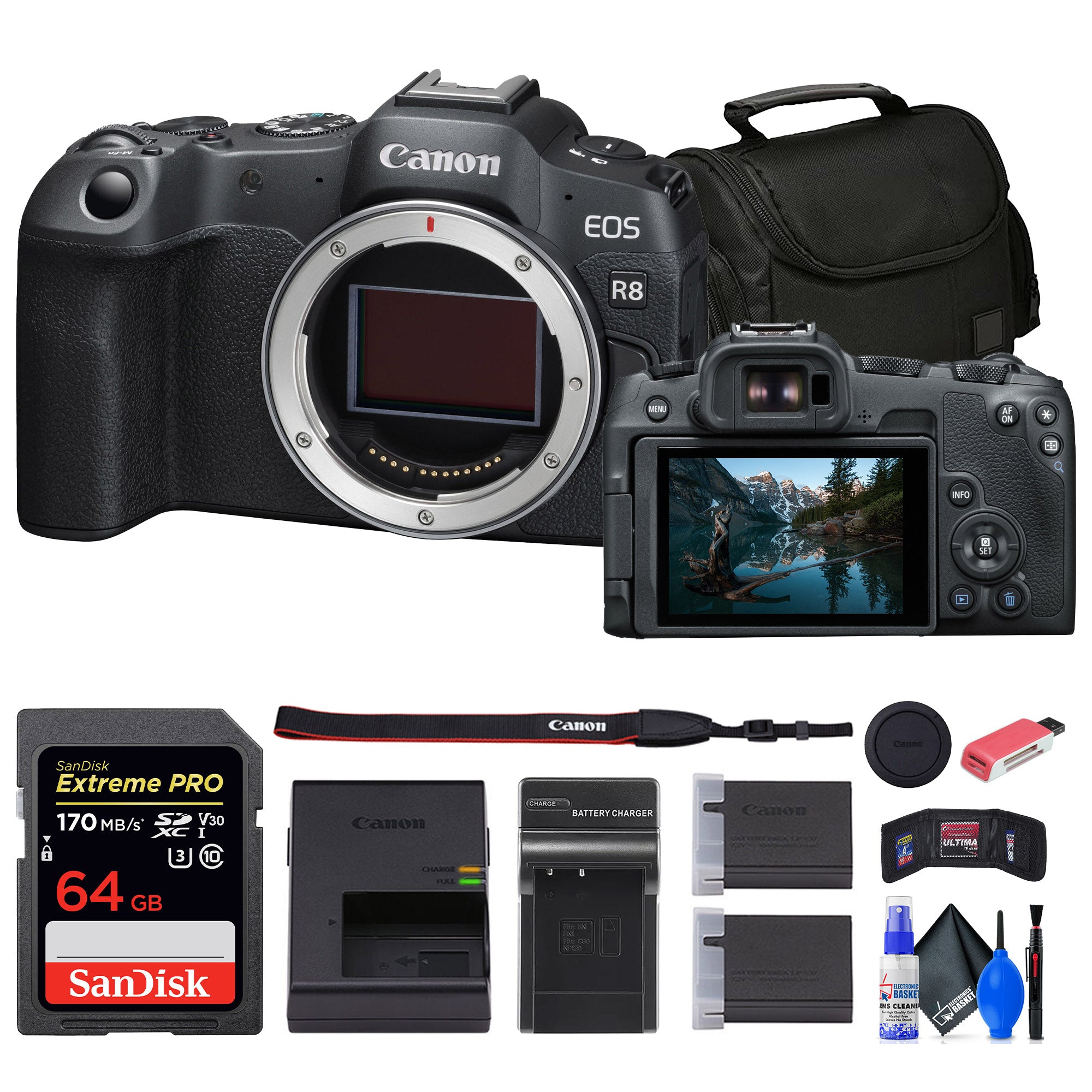 Canon EOS R8 Mirrorless Camera + 64GB Card + Bag + Charger + Battery + More
