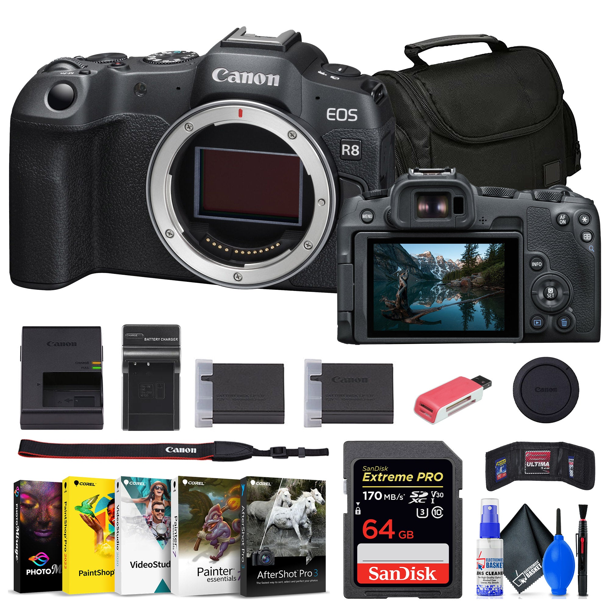 Canon EOS R8 Mirrorless Camera + 64GB Card + Bag + Charger + Battery + More