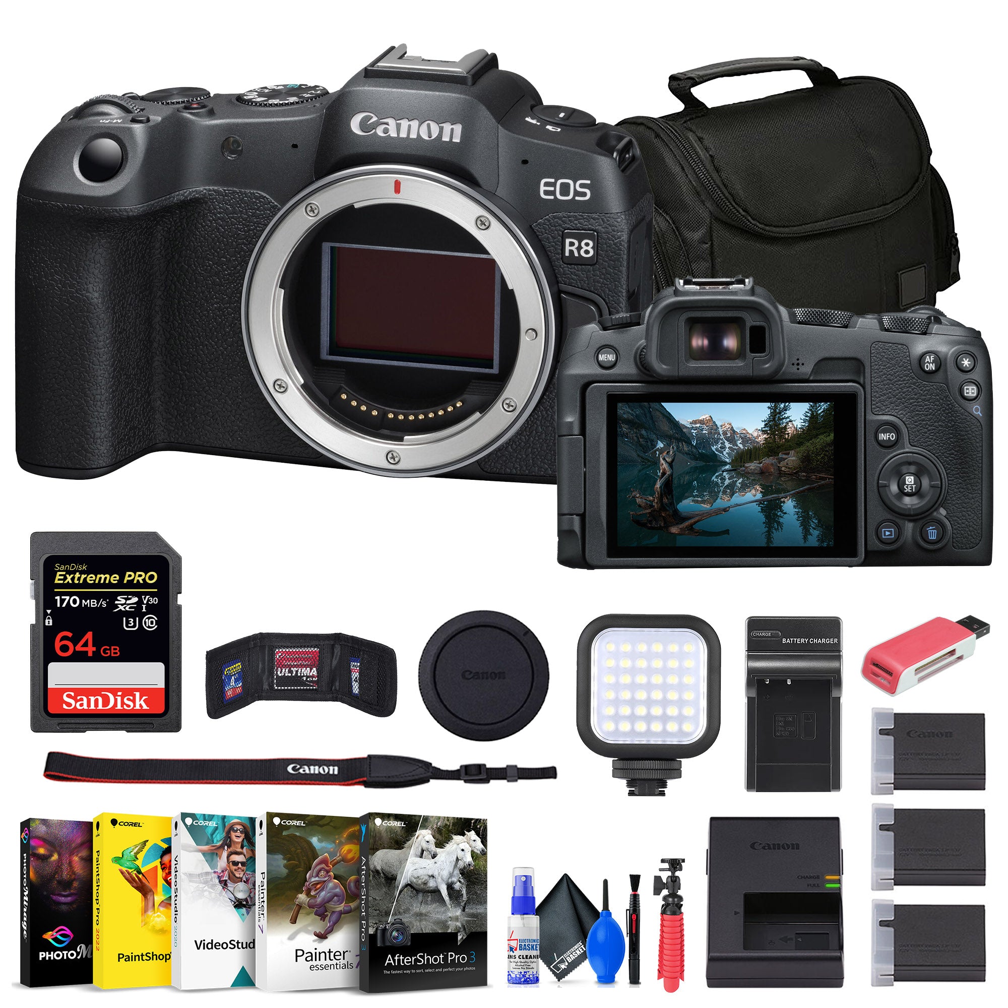Canon EOS R8 Mirrorless Camera + 64GB Card + Bag + Charger + Battery + More