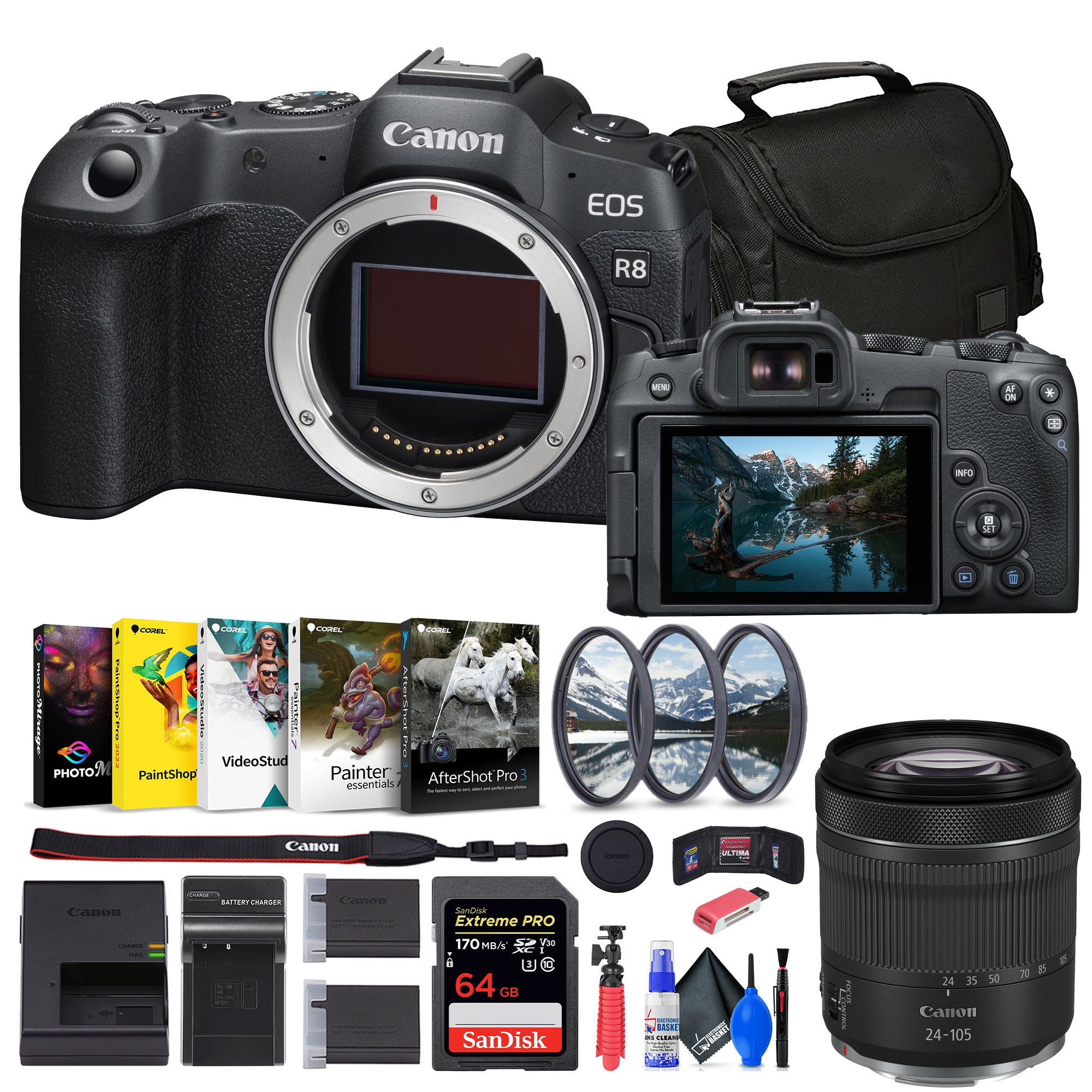 Canon EOS R8 Mirrorless Camera + 64GB Card + Bag + Charger + Battery + More