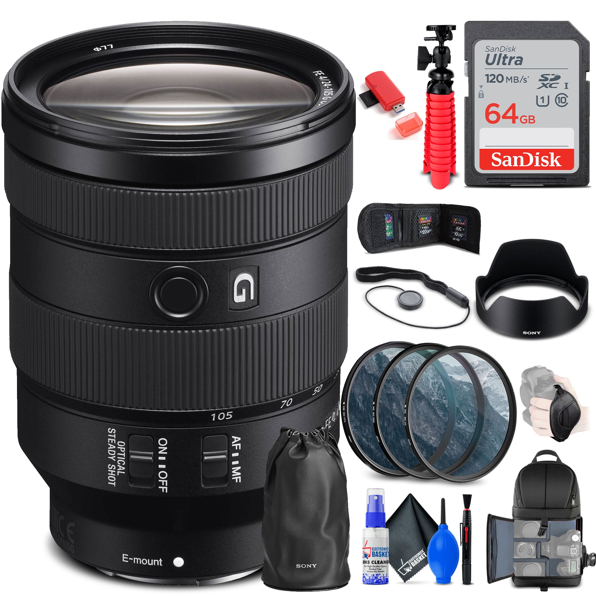 Sony FE 24-105mm f/4 G OSS Lens + Filter Kit + BackPack + 64GB Card + More