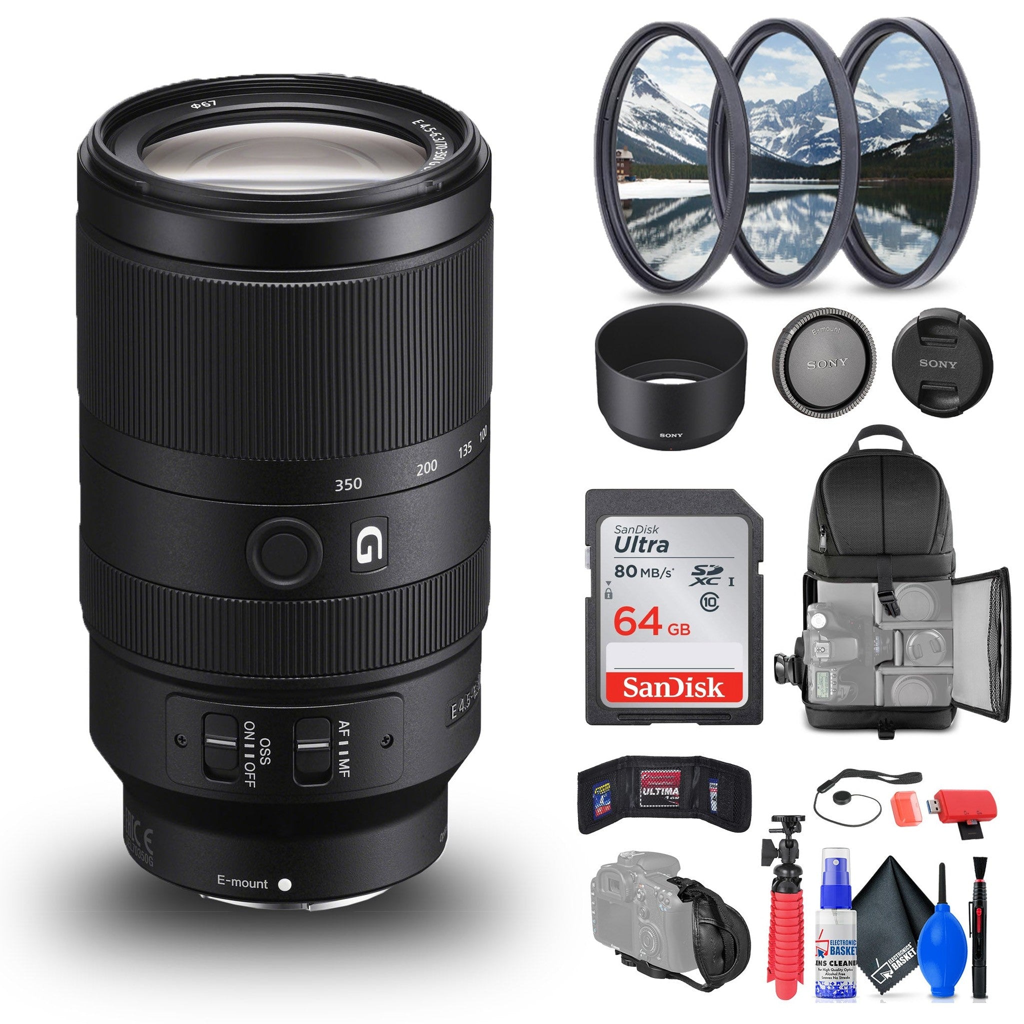 Sony E 70-350mm f/4.5-6.3 G OSS Lens SEL70350G + 64GB Memory Card + More Bundle