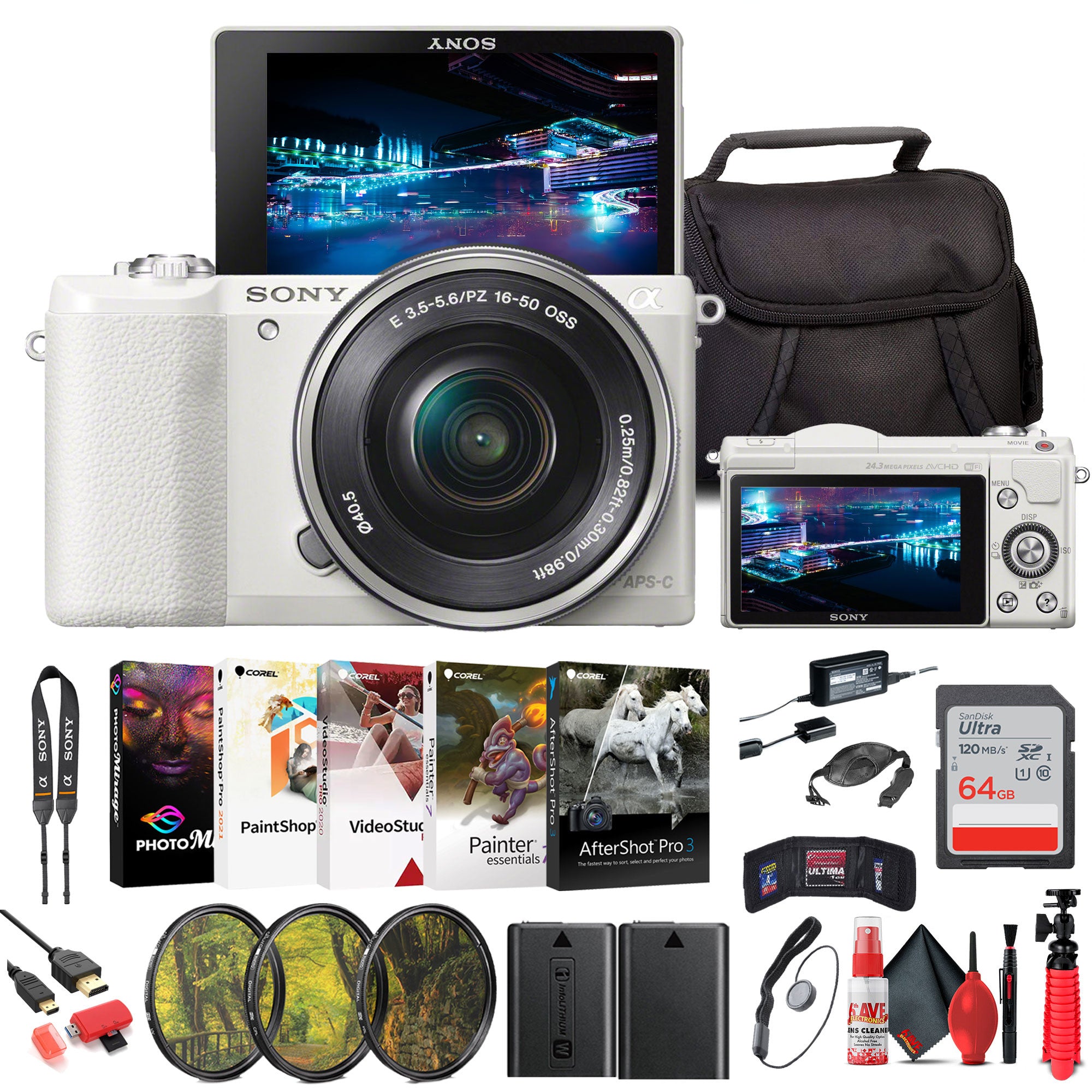 Sony Alpha a5100 Mirrorless Digital Camera White with 16-50mm Lens + 64GB Card + More