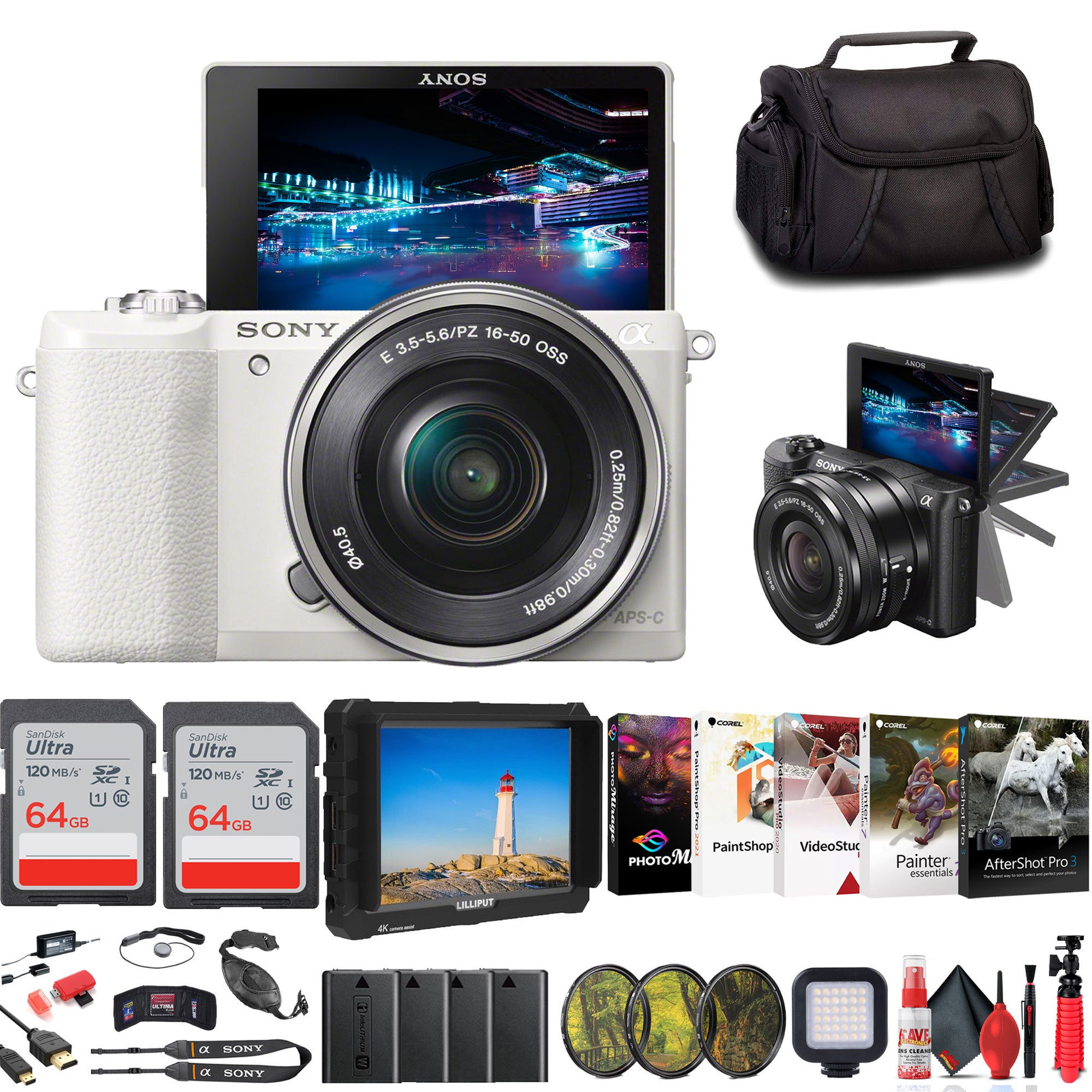 Sony Alpha a5100 Mirrorless Digital Camera White with 16-50mm Lens + 64GB Card + More