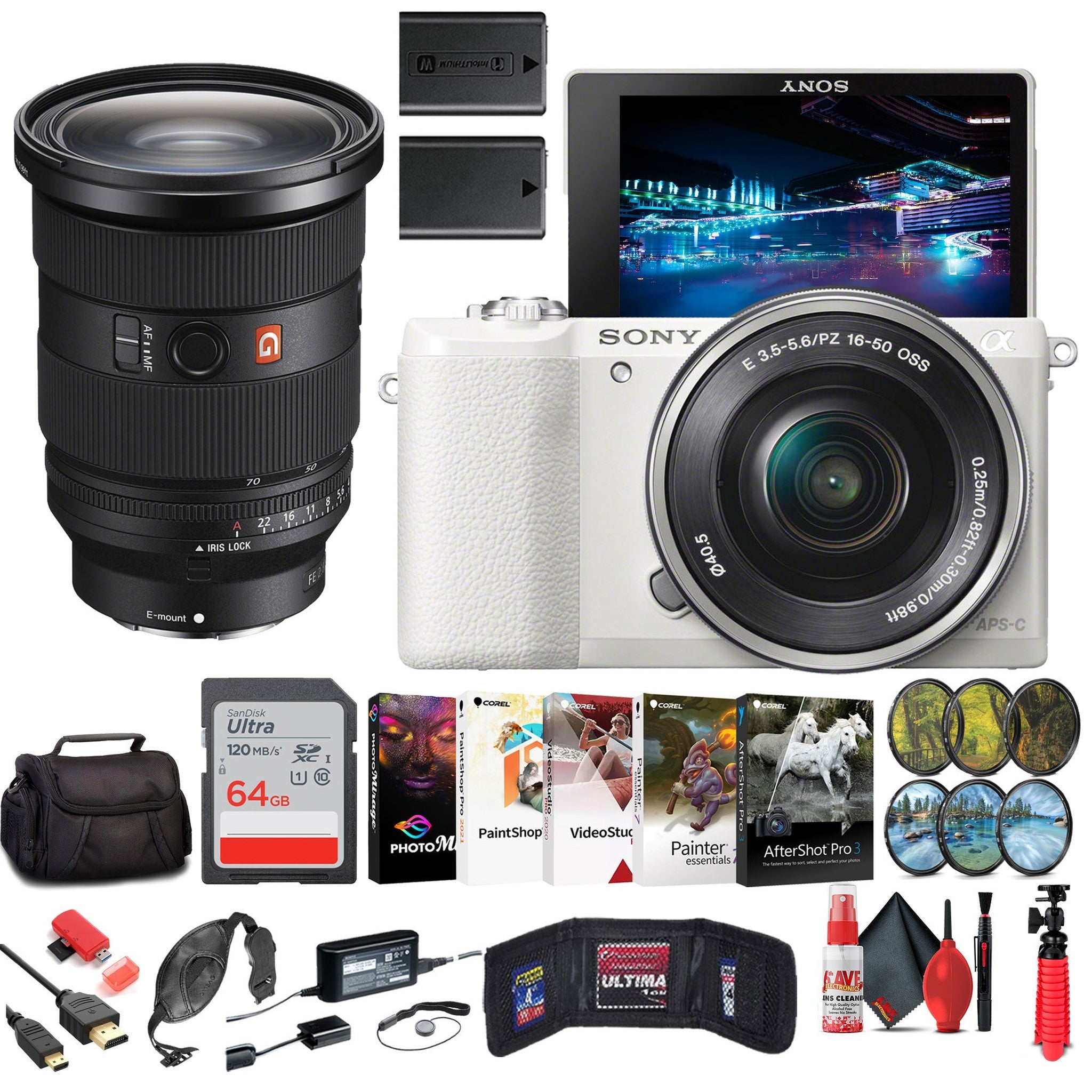 Sony Alpha a5100 Mirrorless Digital Camera White with 16-50mm Lens + 64GB Card + More