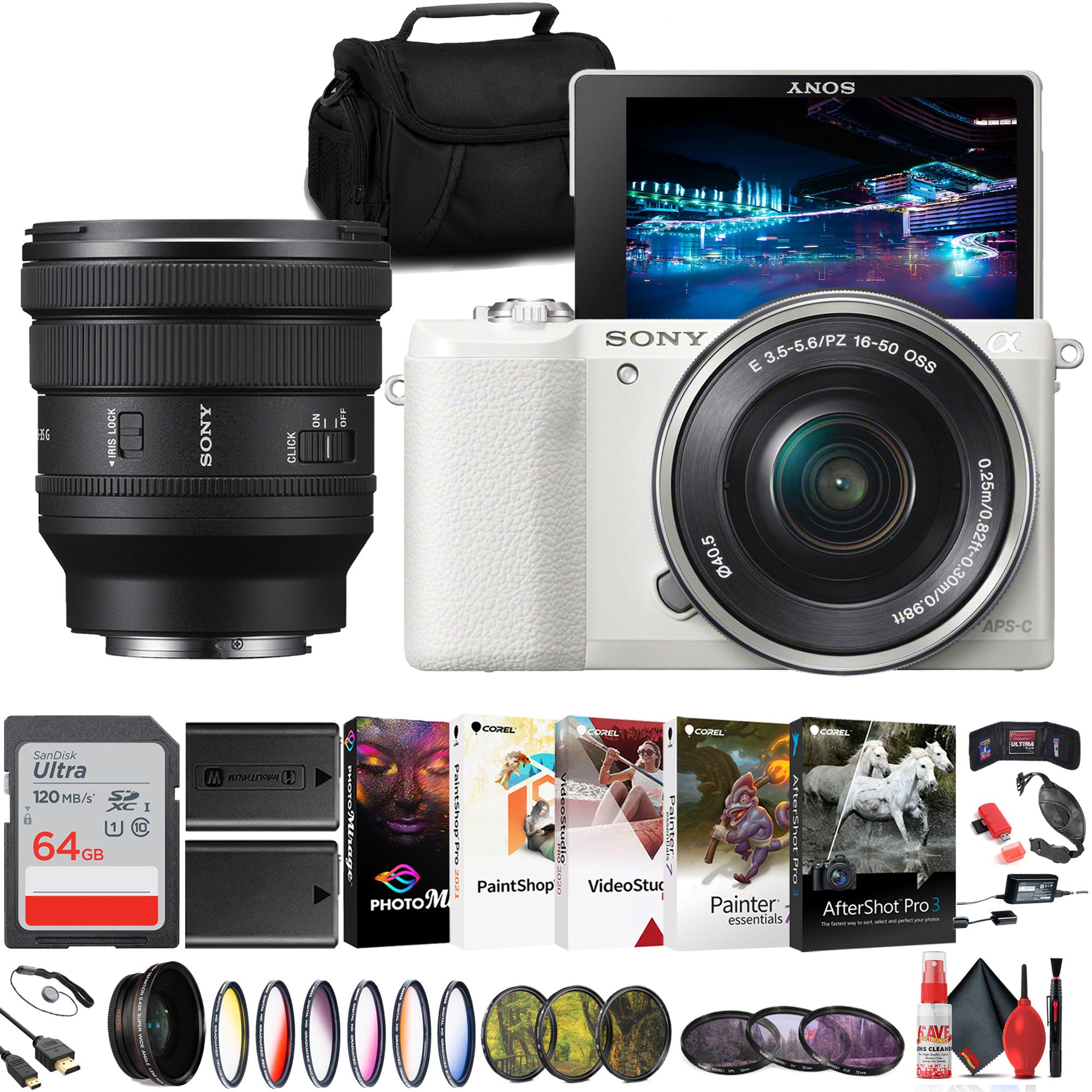 Sony Alpha a5100 Mirrorless Digital Camera White with 16-50mm Lens + 64GB Card + More