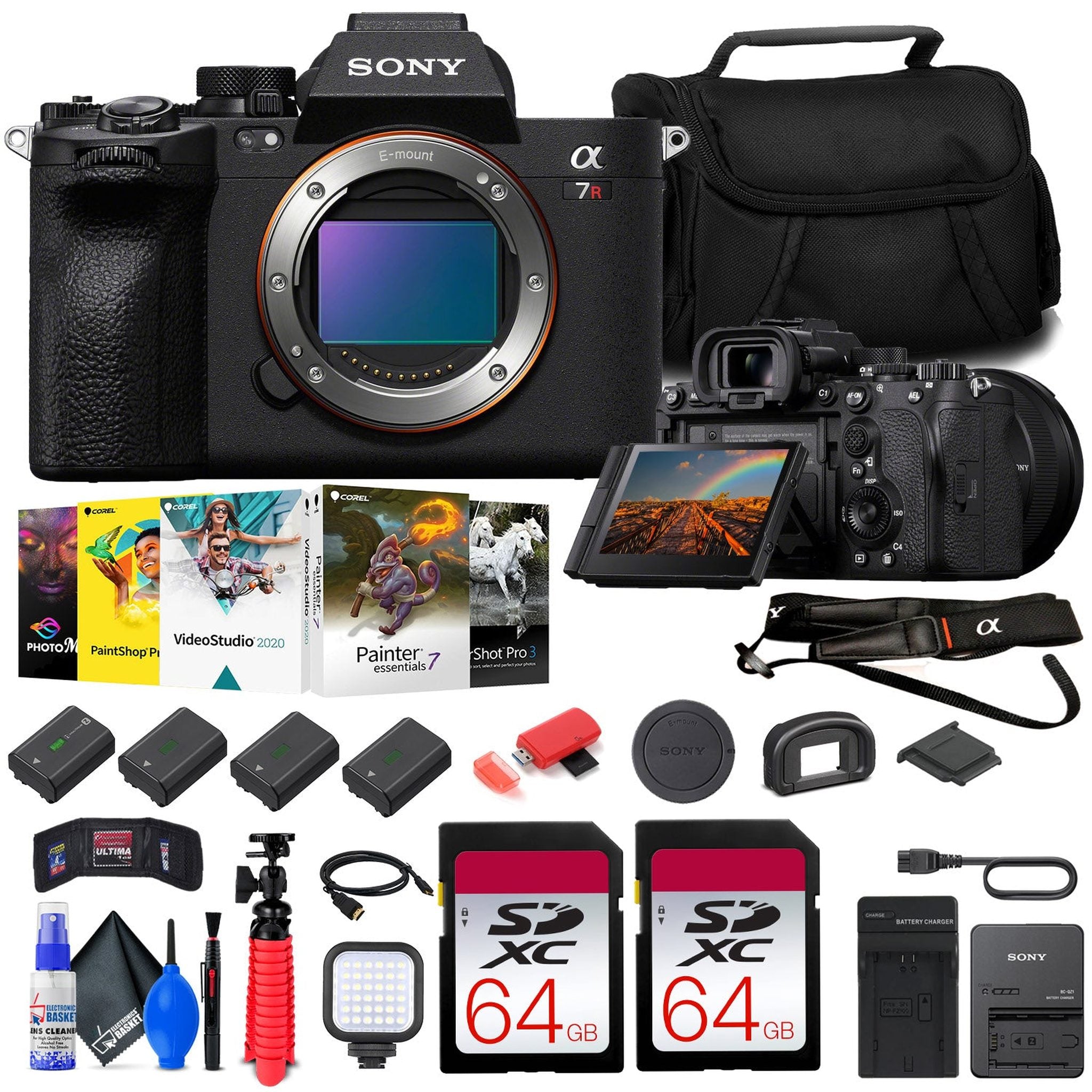 Sony a7R V Mirrorless Camera + 2 x 64GB Card + Corel Photo Software + Bag + 3 x NP-FZ100 + More