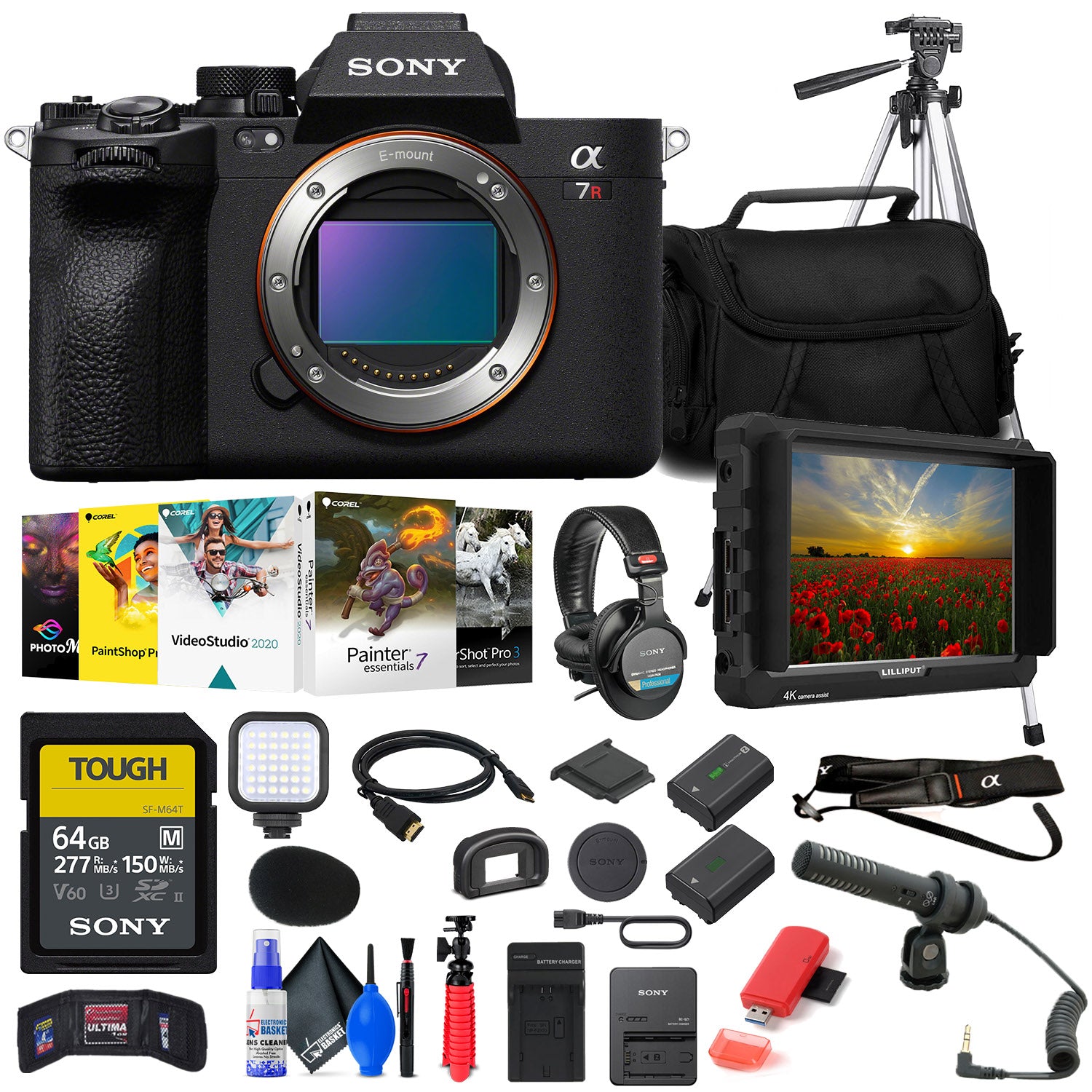 Sony a7R V Mirrorless Camera + 4K Monitor + Headphones + Mic + 64GB Card + More