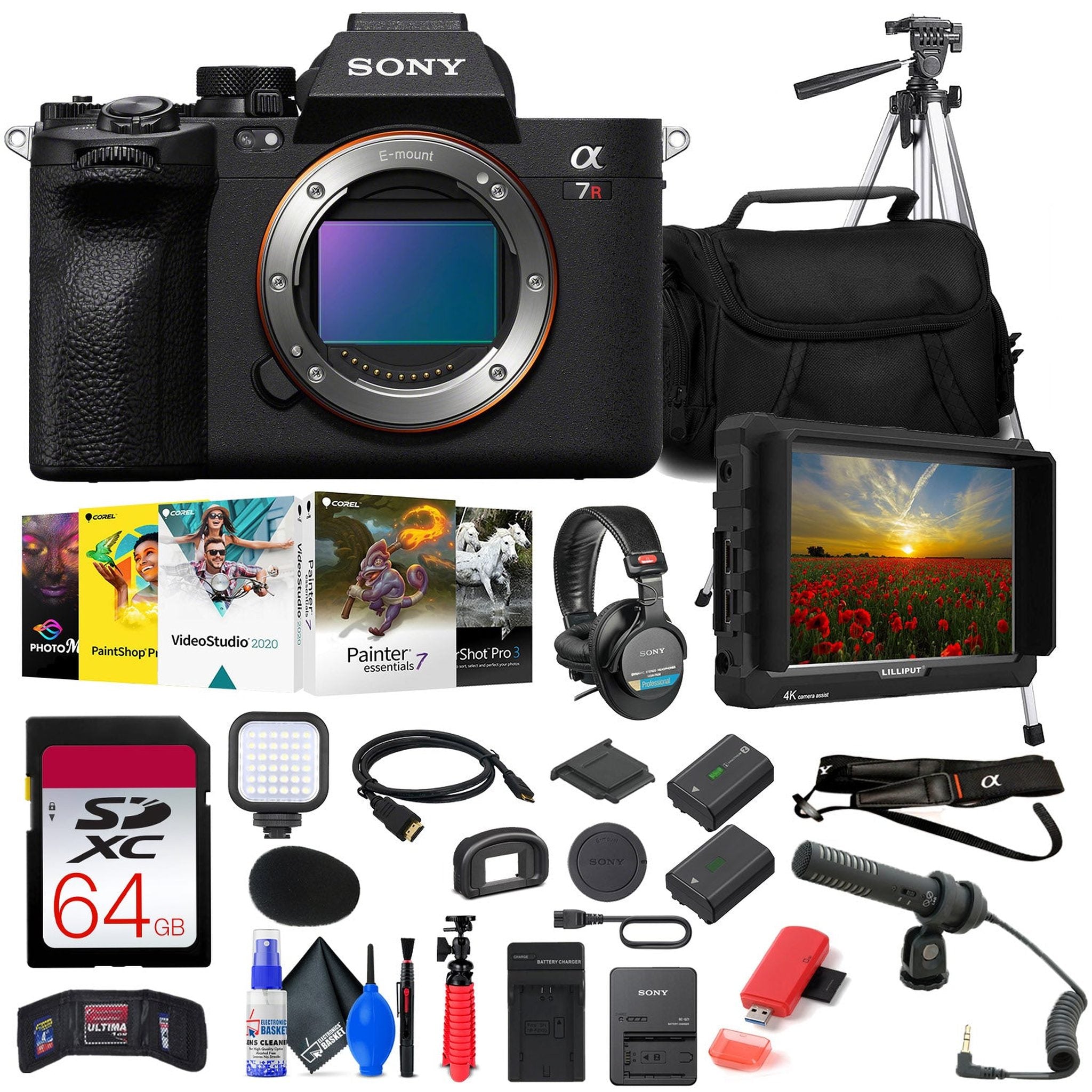 Sony a7R V Mirrorless Camera + 4K Monitor + Headphones + Mic + 64GB Card + More