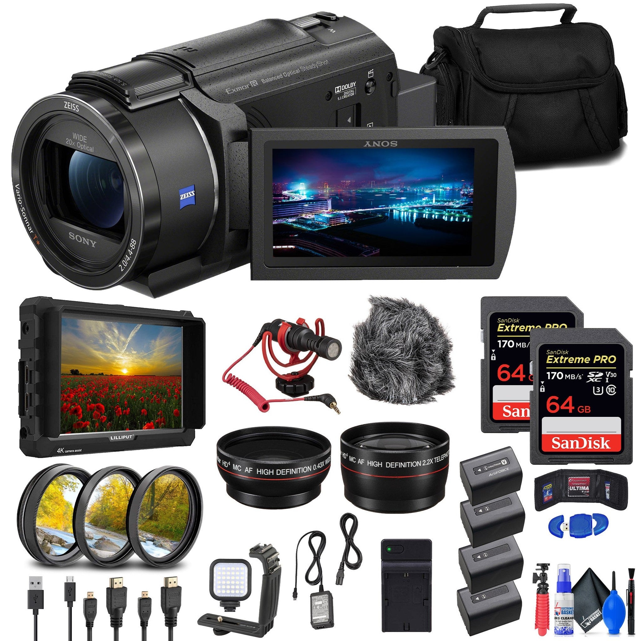 Sony FDR-AX43 UHD 4K Handycam Camcorder + 4K Monitor + 2 x 64GB Cards + More Sony