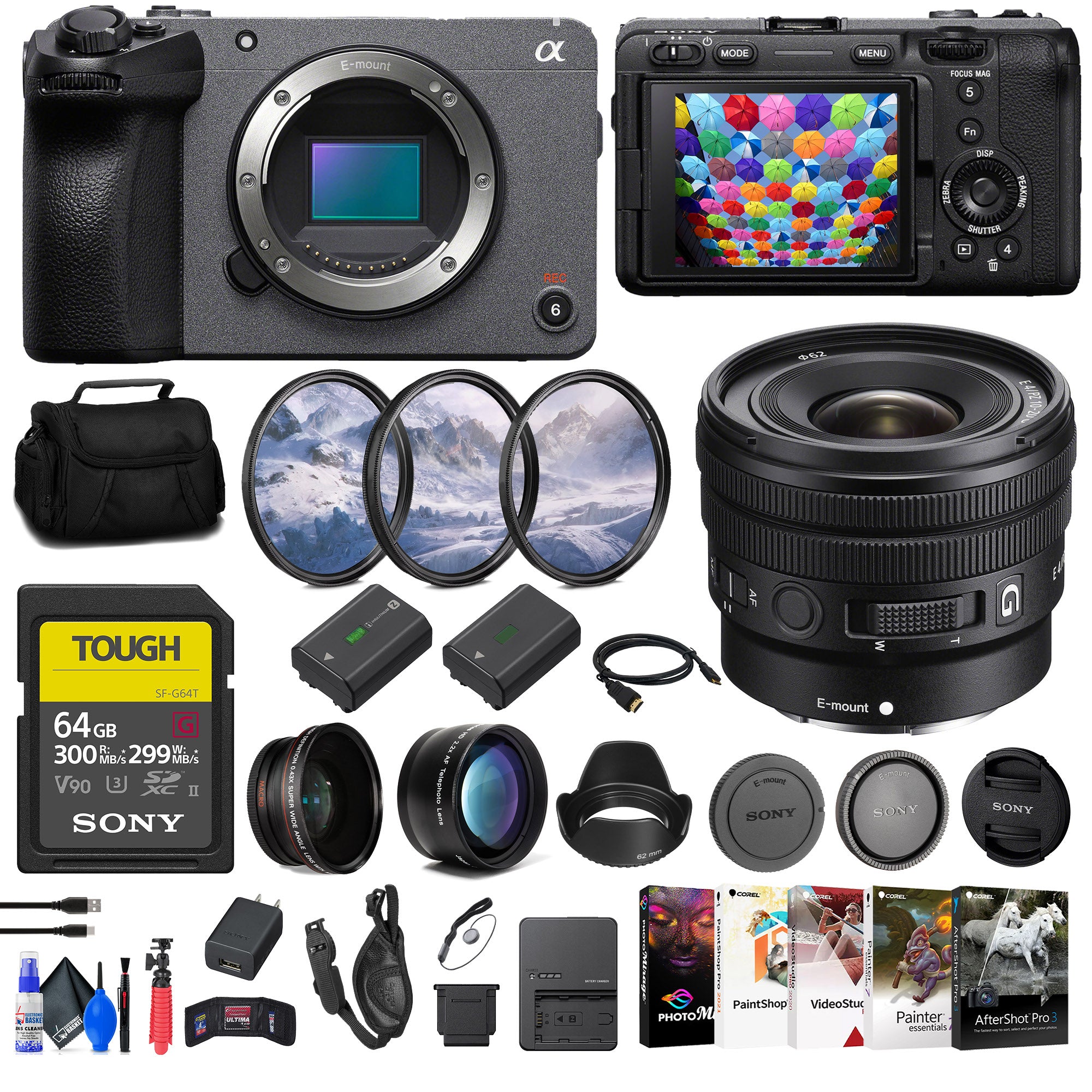 Sony FX30 Digital Cinema Camera + Sony E 10-20mm G Lens + 64GB SF-G Cards + More