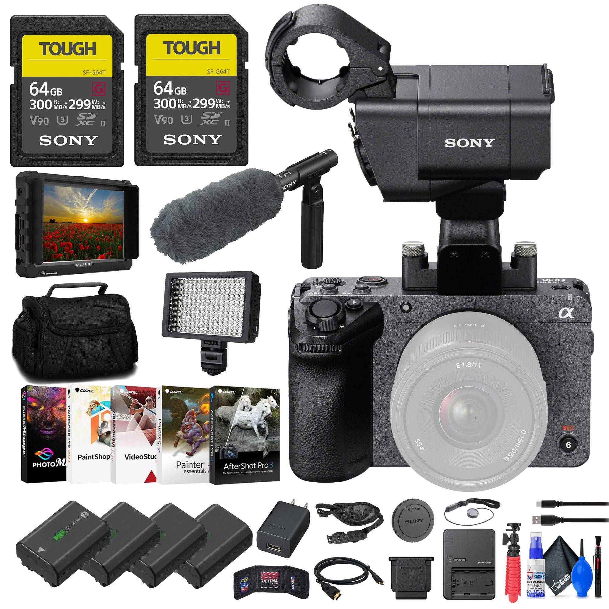 Sony FX30 Digital Cinema Camera with XLR Handle Unit + 4K Monitor + 2 x Cards + More
