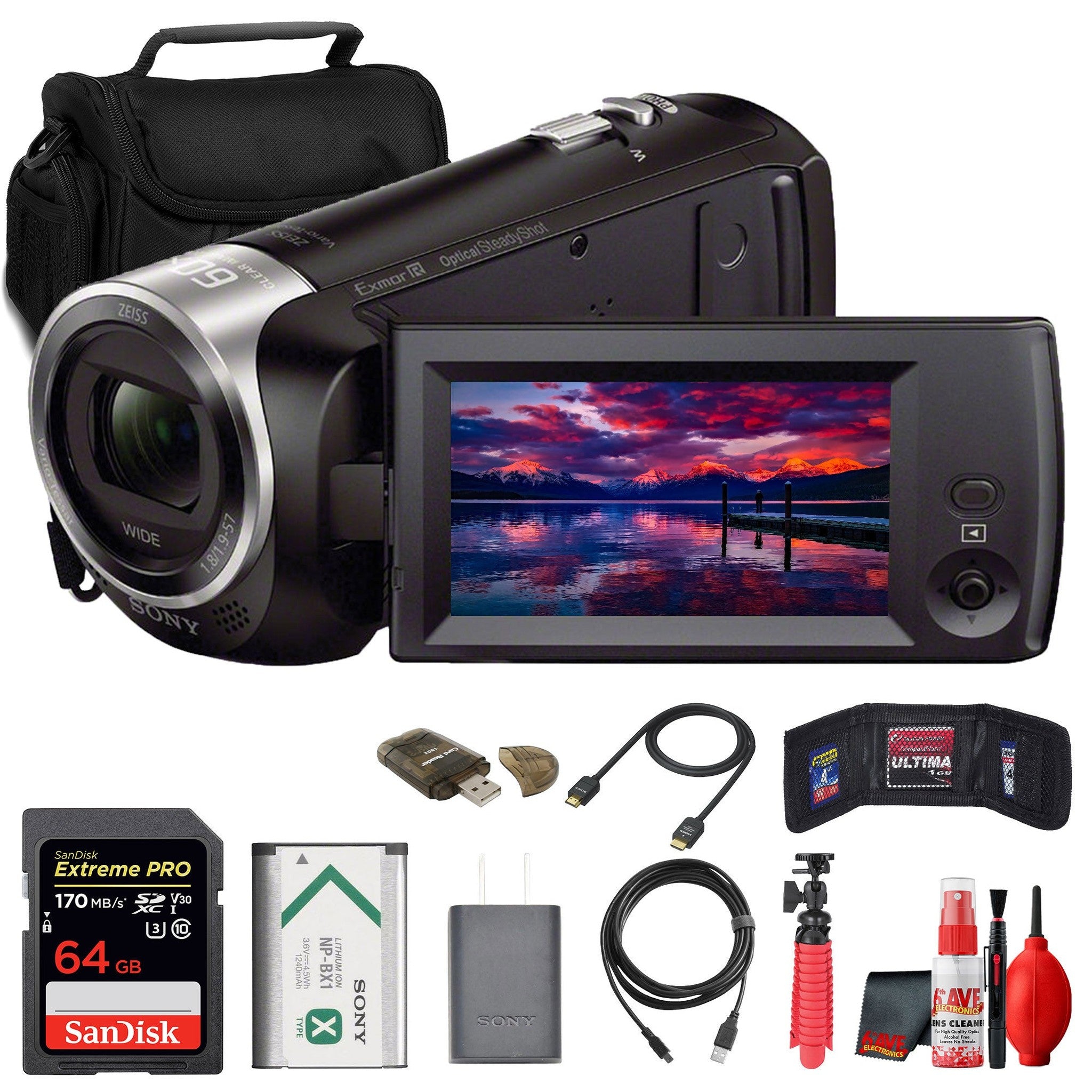 Sony HDR-CX405 HD Handycam + 64GB Card + Bag + Card Reader + Flex Tripod + More