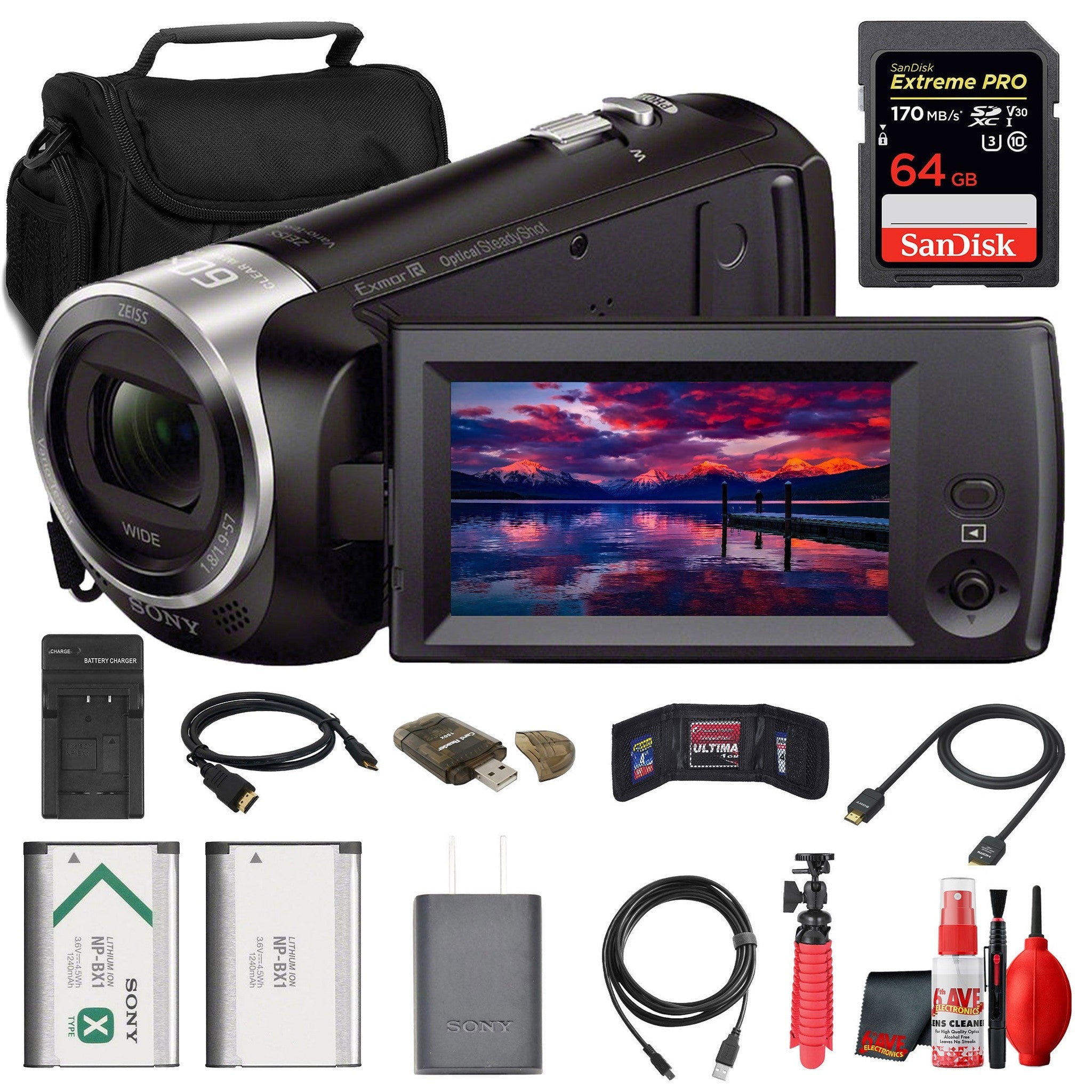 Sony HDR-CX405 HD Handycam + 64GB Card + Bag + NP-BX1 Battery + More