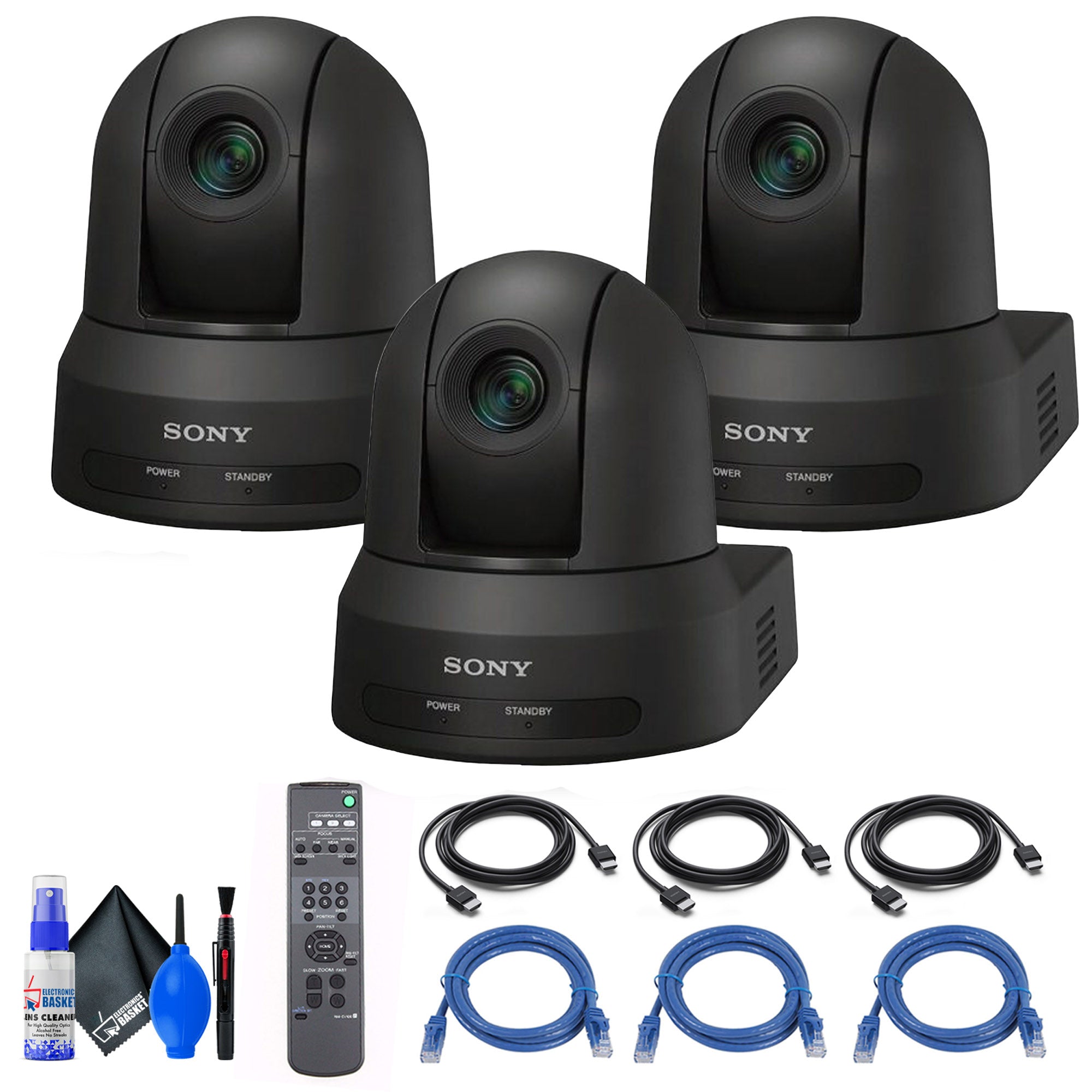 3x Sony SRG-X40UH PTZ Camera (Black) + 3x Ethernet & HDMI Cables + Cleaning Set