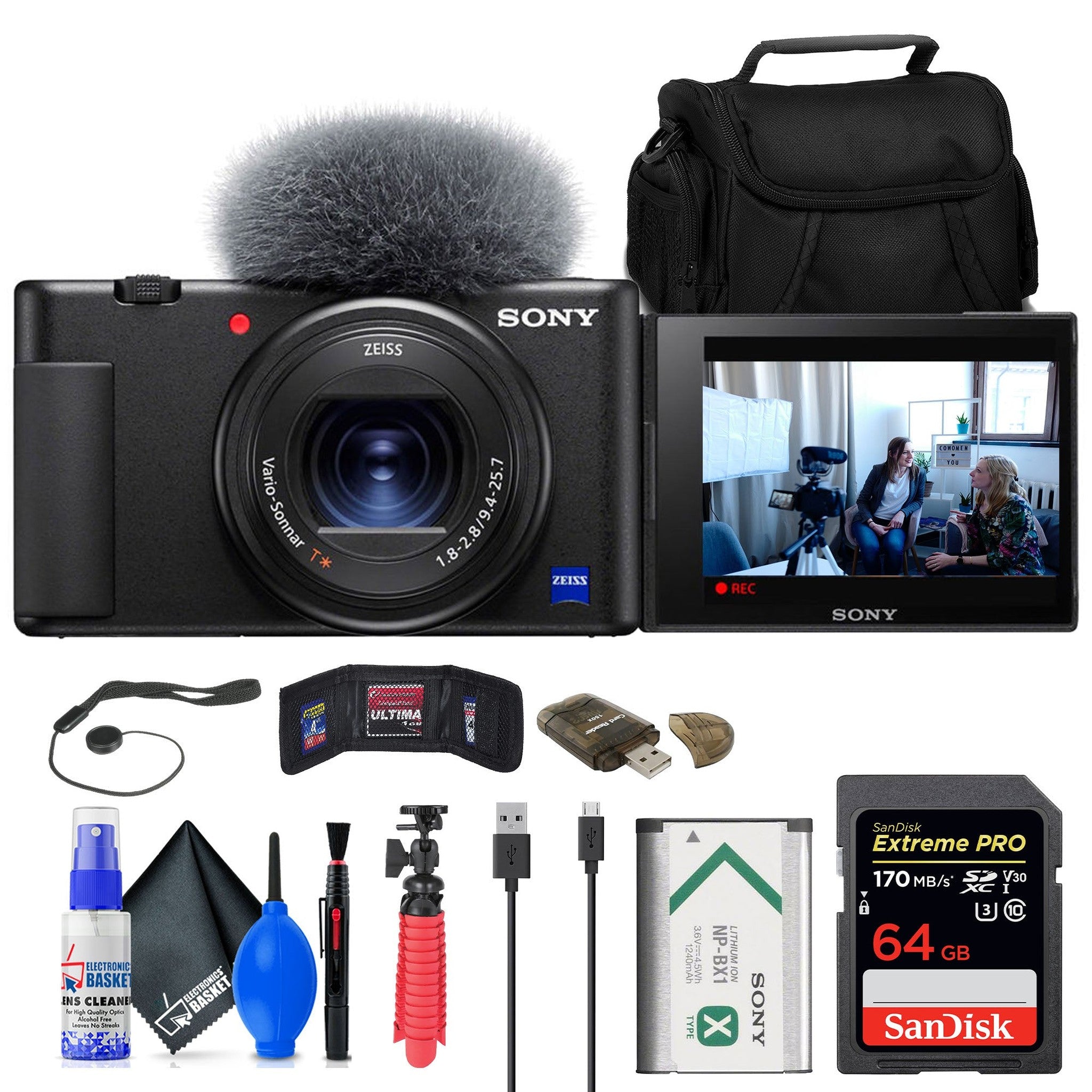 Sony ZV-1 Digital Camera Black + 64GB Card + Case + Tripod + Cleaning Kit Sony