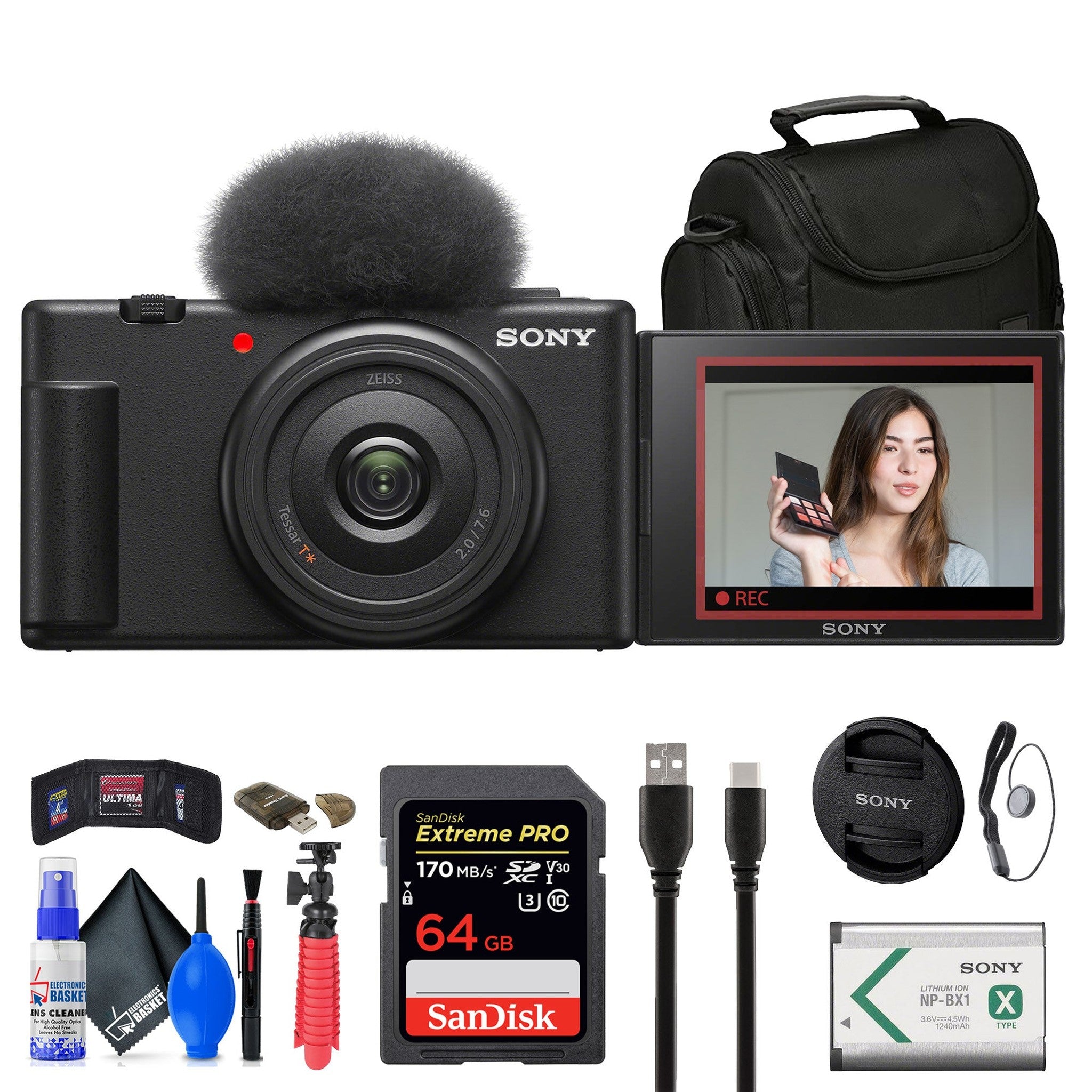 Sony ZV-1F Vlogging Camera Black ZV1F/B + Case + 64GB Card + Tripod + More Sony