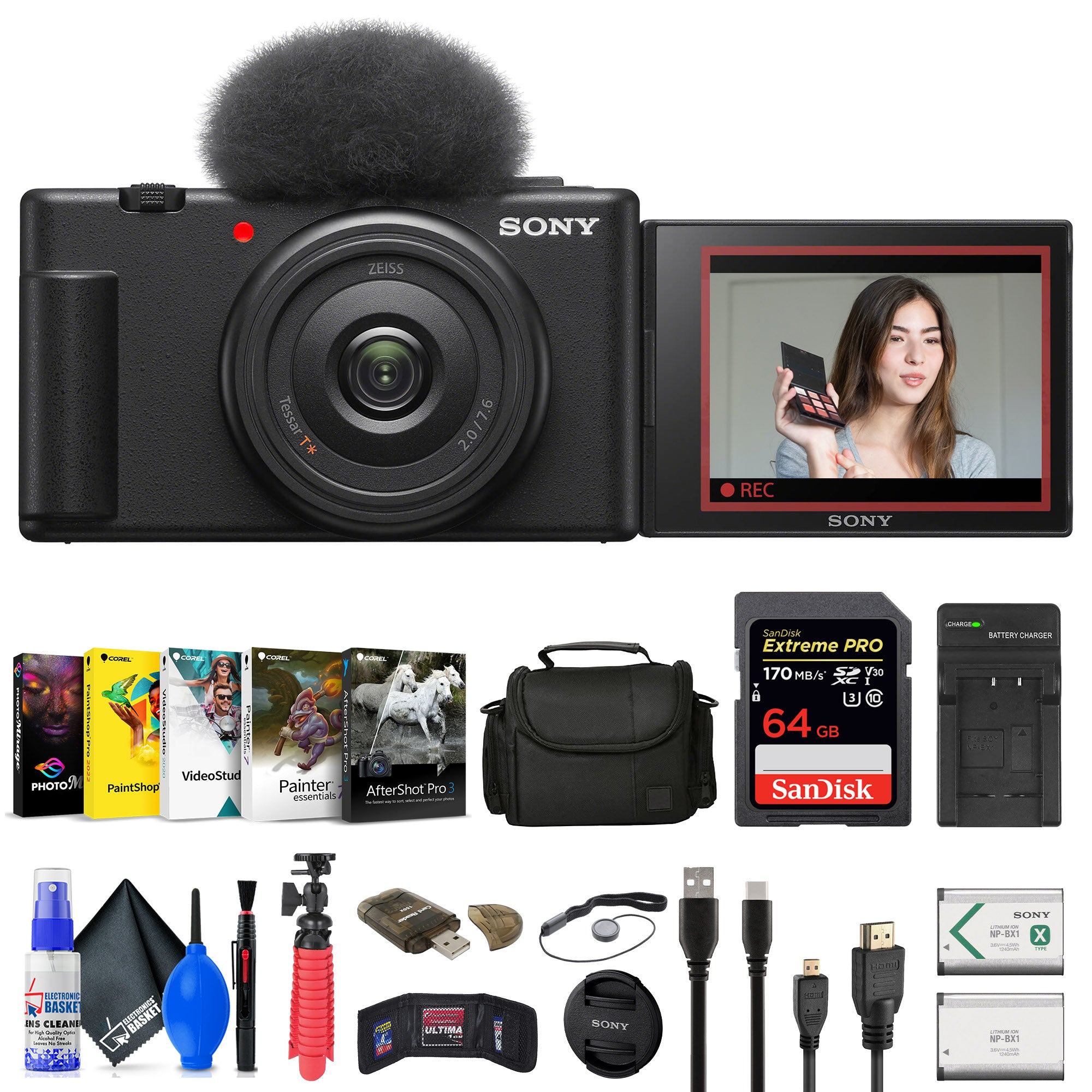Sony ZV-1F Vlogging Camera (Black) (ZV1F/B) + Case + 64GB Card + Tripod + Software + More