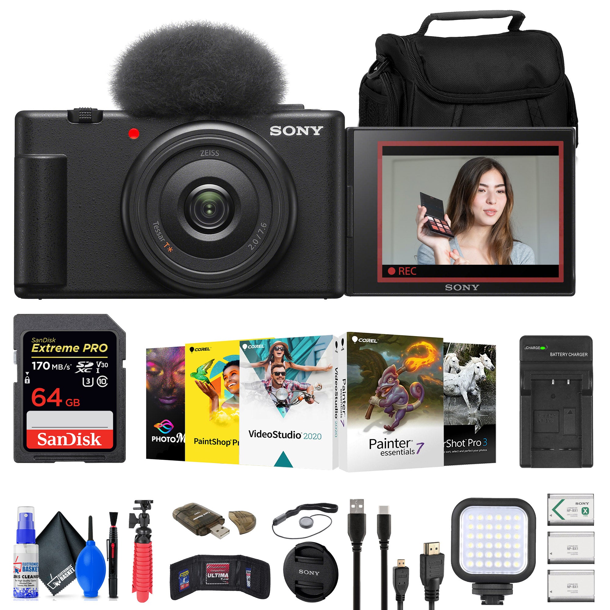 Sony ZV-1F Vlogging Camera Black ZV1F/B + Case + 64GB Card + Tripod + More
