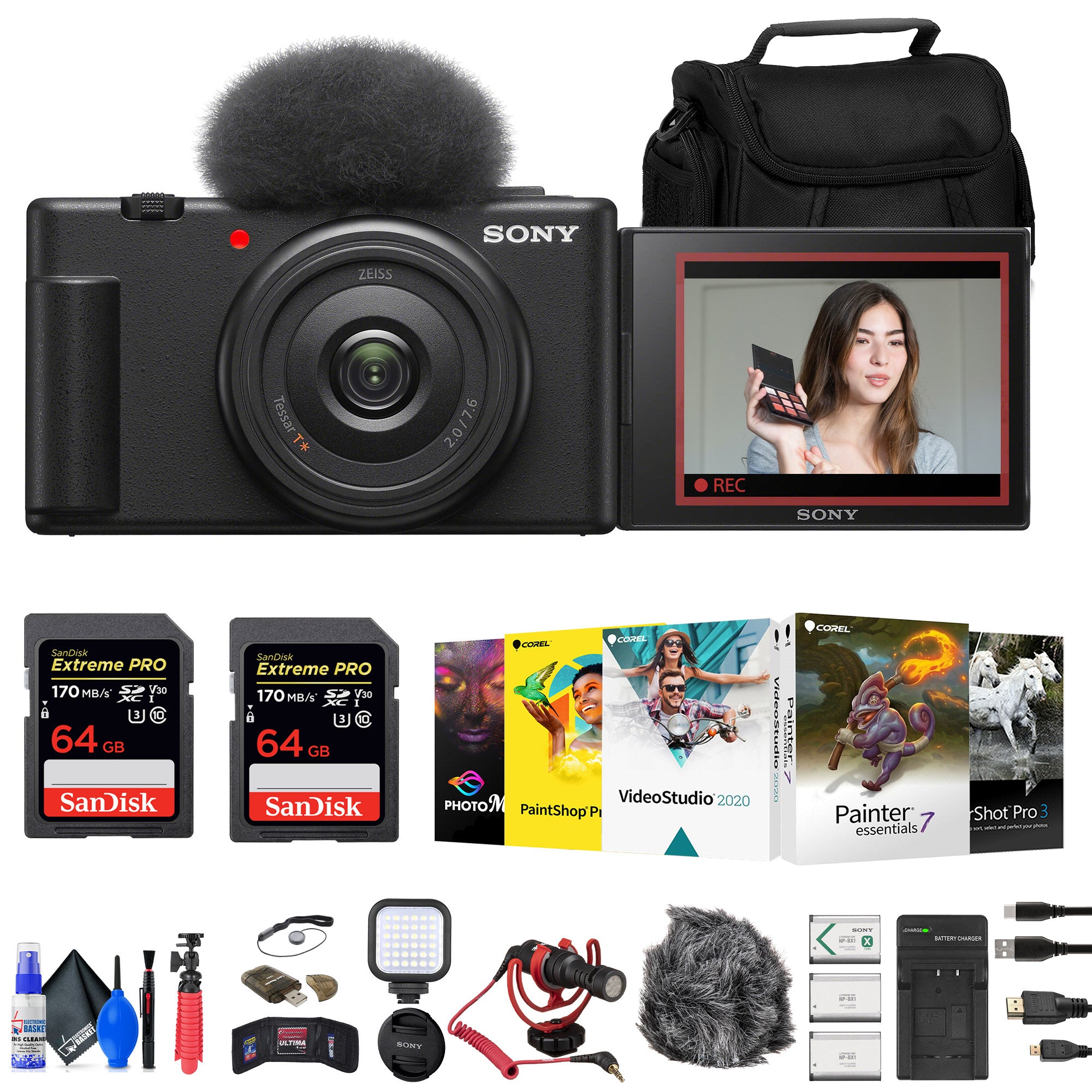 Sony ZV-1F Vlogging Camera (Black) (ZV1F/B) + Case + 64GB Card + Tripod + More