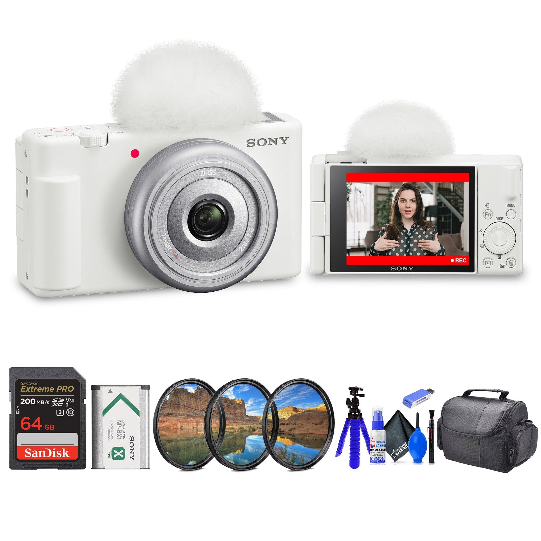 Sony ZV-1F Vlogging Camera White ZV1F/W + Filter Kit + 64GB Card + Card Reader Sony