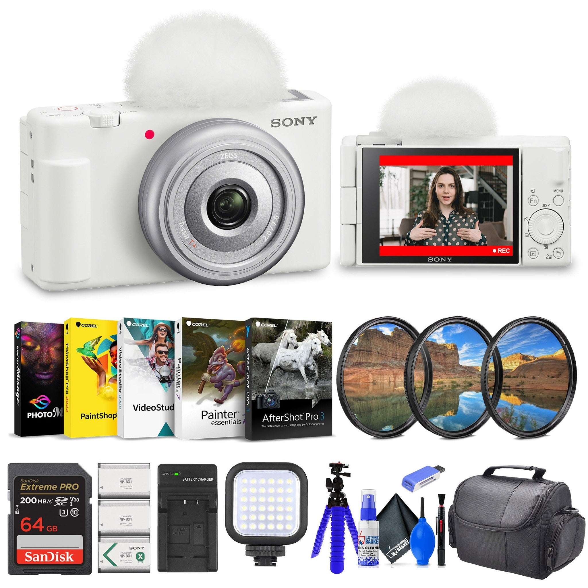 Sony ZV-1F Vlogging Camera White ZV1F/W + Filter Kit + 64GB Card + Corel Software Sony