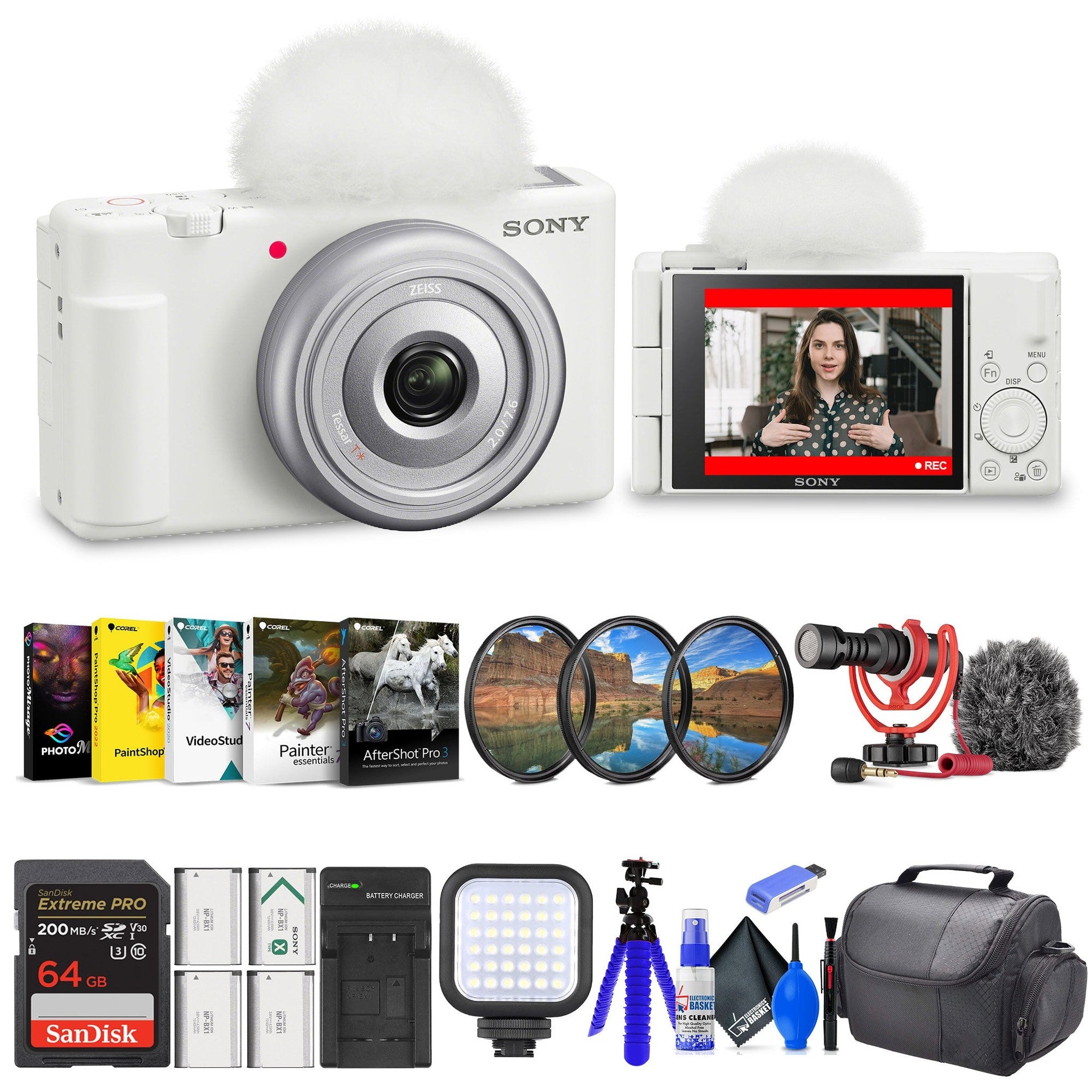 Sony ZV-1F Vlogging Camera White ZV1F/W + Filter Kit + 64GB Card + Corel Software Sony