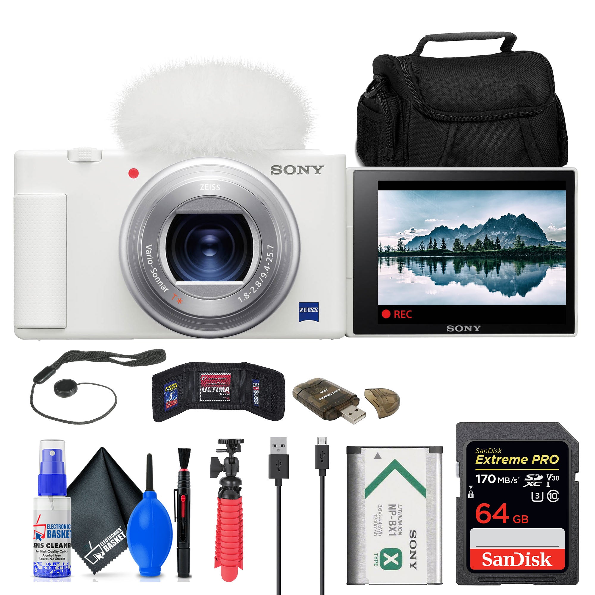 Sony ZV-1 Digital Camera White + 64GB Card + Case + Tripod + Cleaning Kit