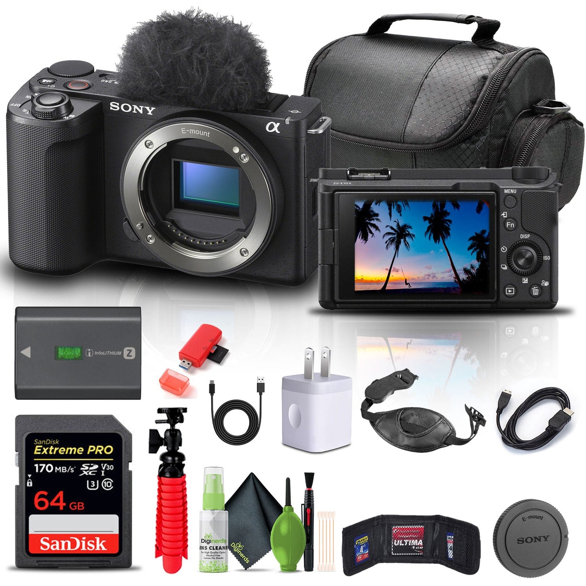 Sony Alpha ZV-E10 II Mirrorless Camera + 64GB Card + Bag + Card Reader + HDMI + More Sony