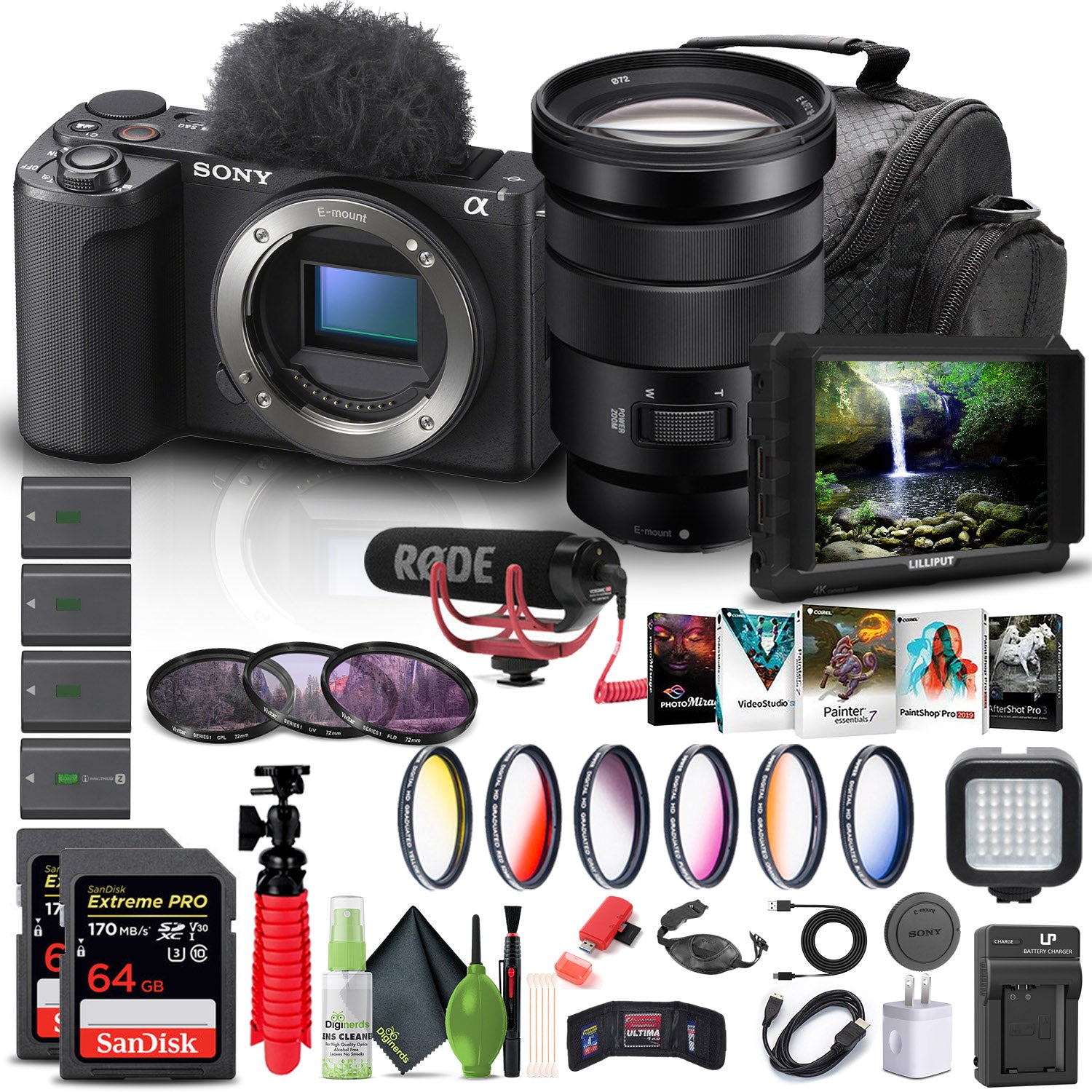 Sony Alpha ZV-E10 II Mirrorless Camera + Sony 18-105mm Lens + 4K Monitor + Pro Mic + More