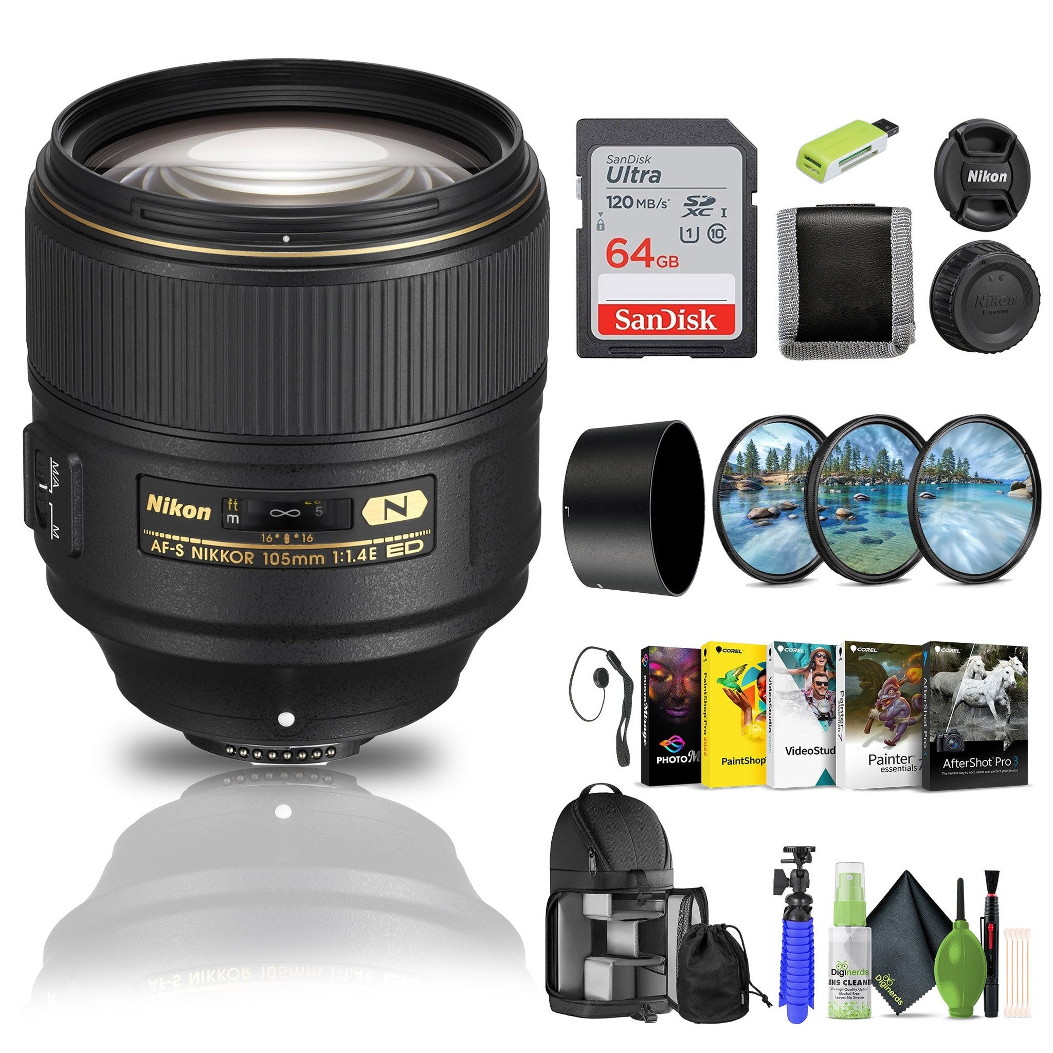 Nikon AF-S NIKKOR 105mm f/1.4E ED Lens 20064 + 64GB Memory Card + Filter Kit - Bundle Nikon