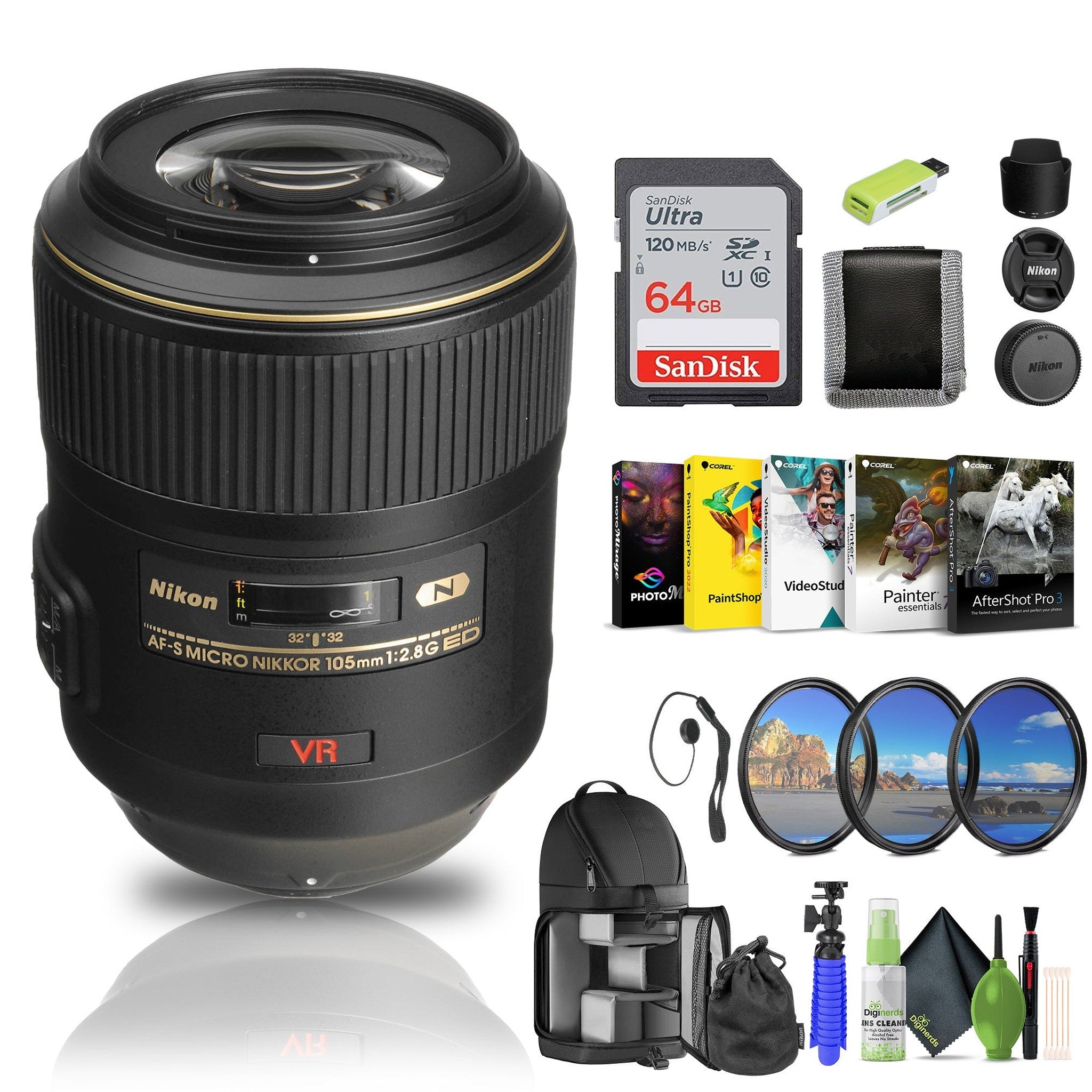 Nikon AF-S VR Micro-NIKKOR 105mm f/2.8G IF-ED Lens 2160 + 64GB Memory Card - Bundle