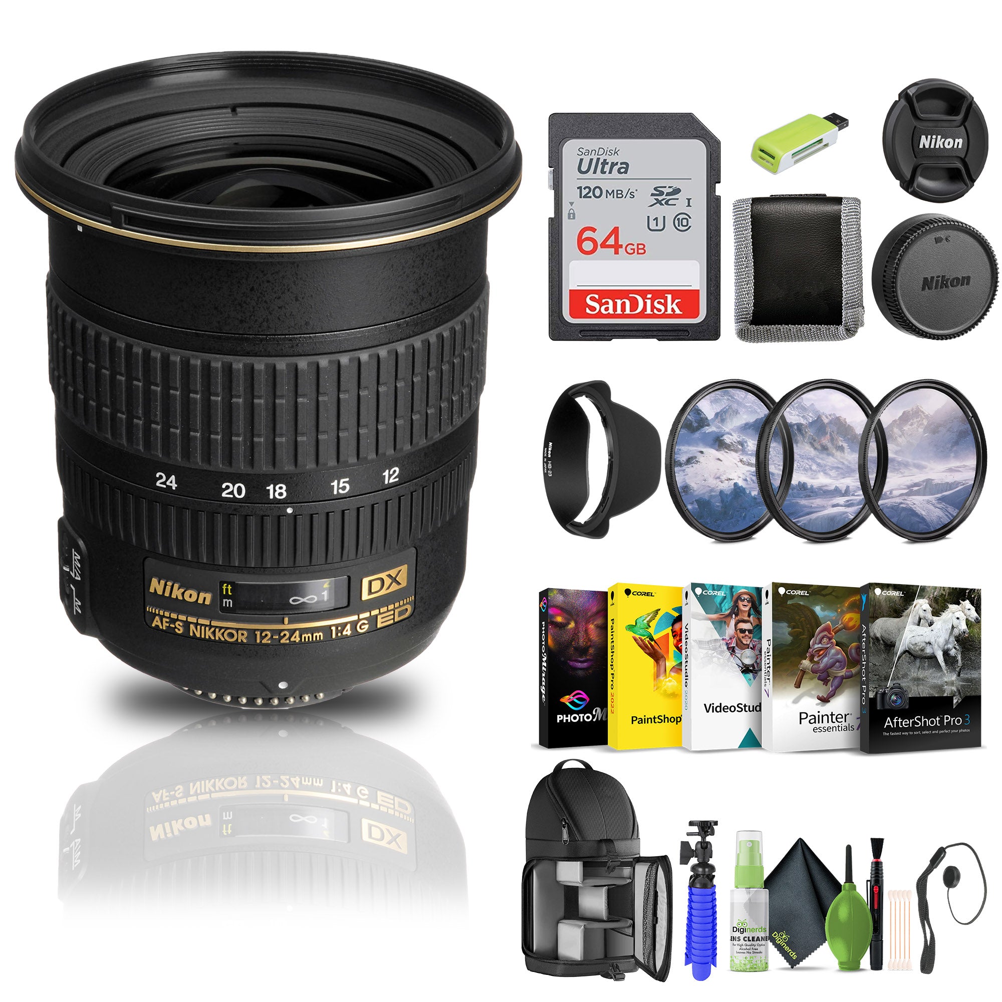Nikon AF-S DX Zoom-NIKKOR 12-24mm f/4G IF-ED Lens 2144 + 64GB Memory Card - Bundle