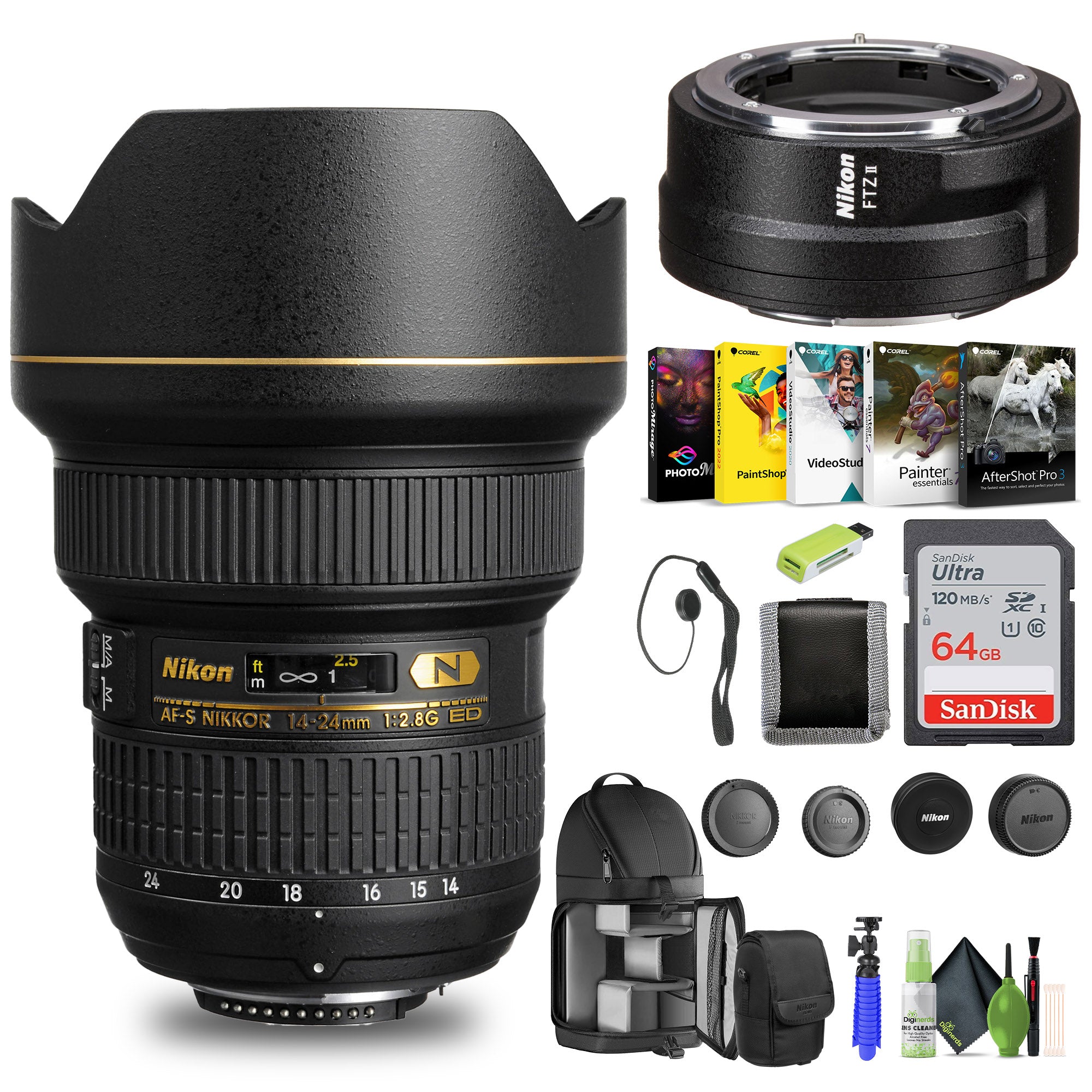 Nikon AF-S NIKKOR 14-24mm f/2.8G ED Lens (2163) + FTZ II Adapter + 64GB Card - Bundle