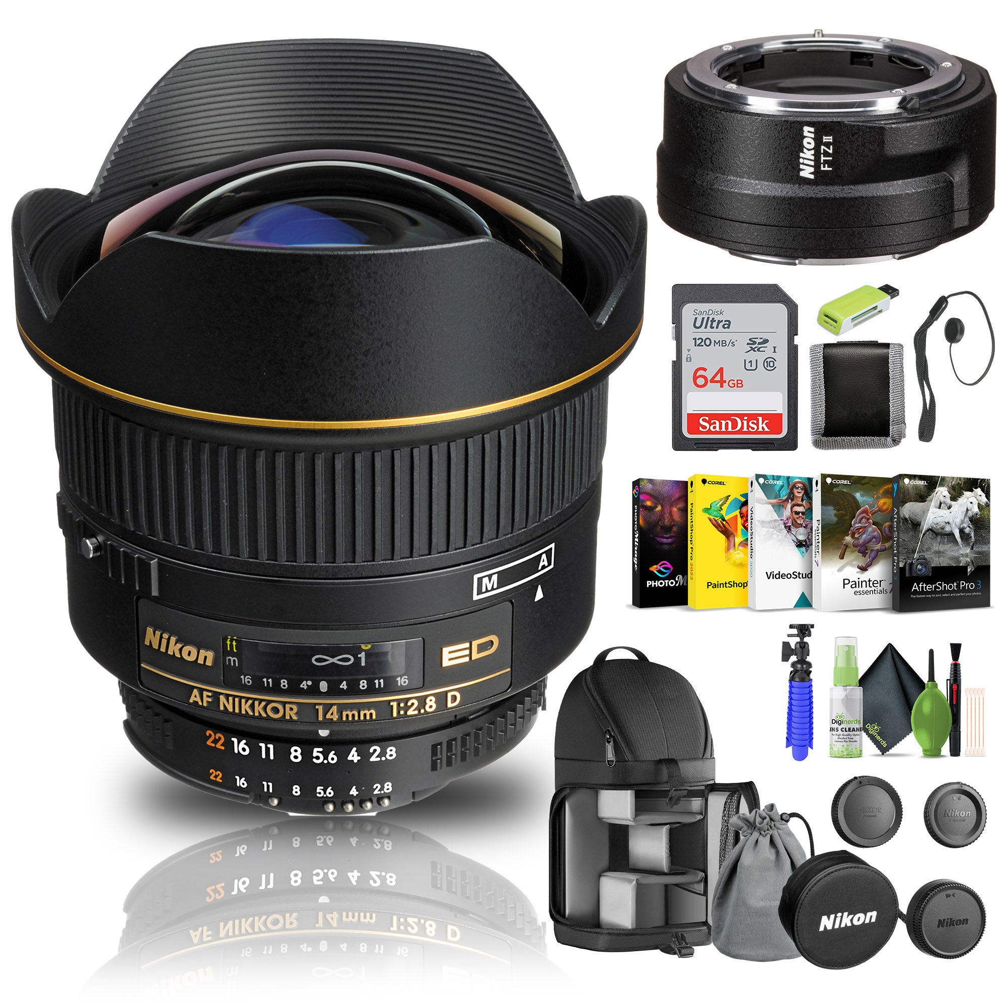 Nikon AF NIKKOR 14mm f/2.8D ED Lens 1925 + FTZ II Adapter + 64GB Memory Card - Bundle