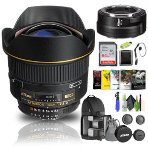 Nikon AF NIKKOR 14mm f/2.8D ED Lens 1925 + FTZ II Adapter + 64GB Memory Card - Bundle