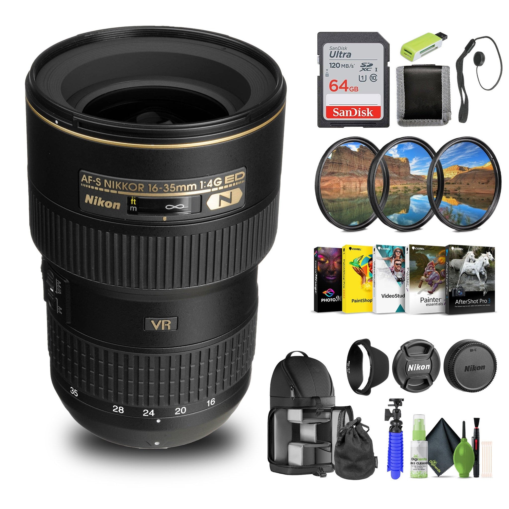 Nikon AF-S NIKKOR 16-35mm f/4G ED VR Lens 2182 + 64GB Memory Card + Filter Kit - Bundle Nikon