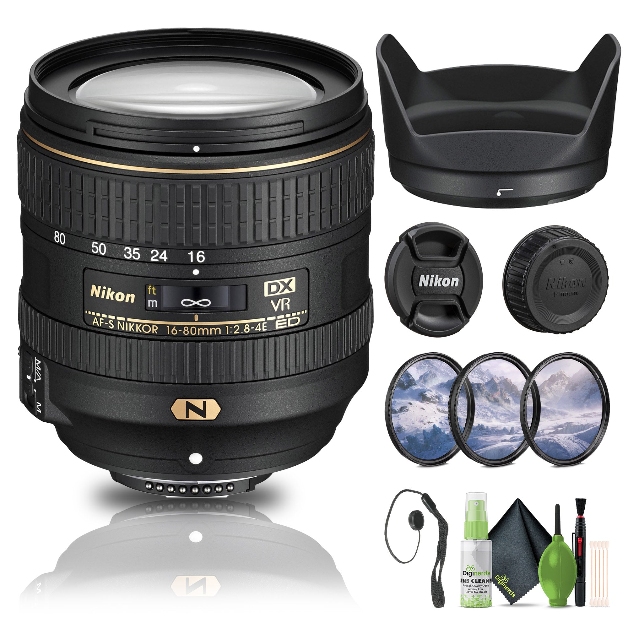 Nikon AF-S DX NIKKOR 16-80mm f/2.8-4E ED VR Lens (20055) + Filter Kit + Cap Keeper - Bundle
